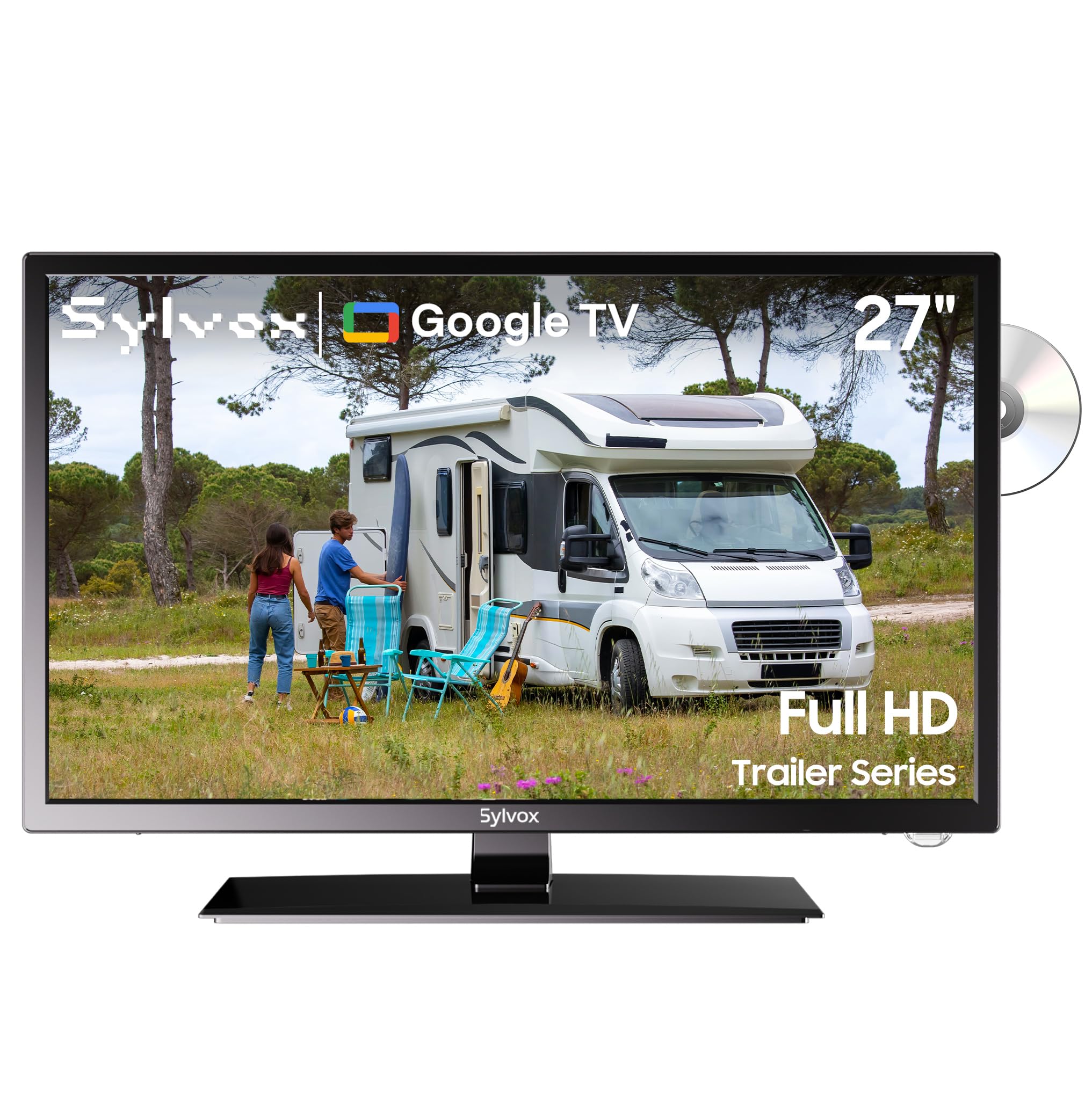 SYLVOX 27 inch Smart TV, FHD 1080P Caravan TVs with DVD Player, Google TV Compatible, Voice Control, HiFi Speaker, AC/DC, Wide Voltage, DVB-T2/C/S2, HDMI USB, 12V Television for Motorhomes, Campervan
