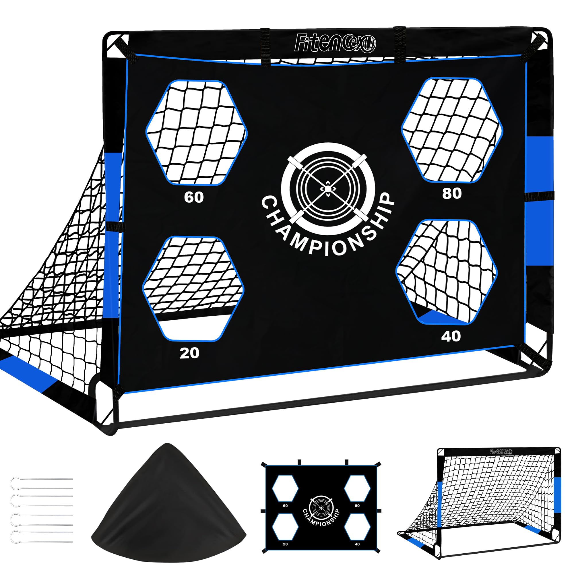 Fitencexu Football Goals, Goal Wall for Children, Outdoor Football Goal with Goal Wall, 3-in-1 Pop Up Goal with 4 Shot Holes and Carry Bag, Ground Nails, 3 Targets and 6 Obstacles (Blue)