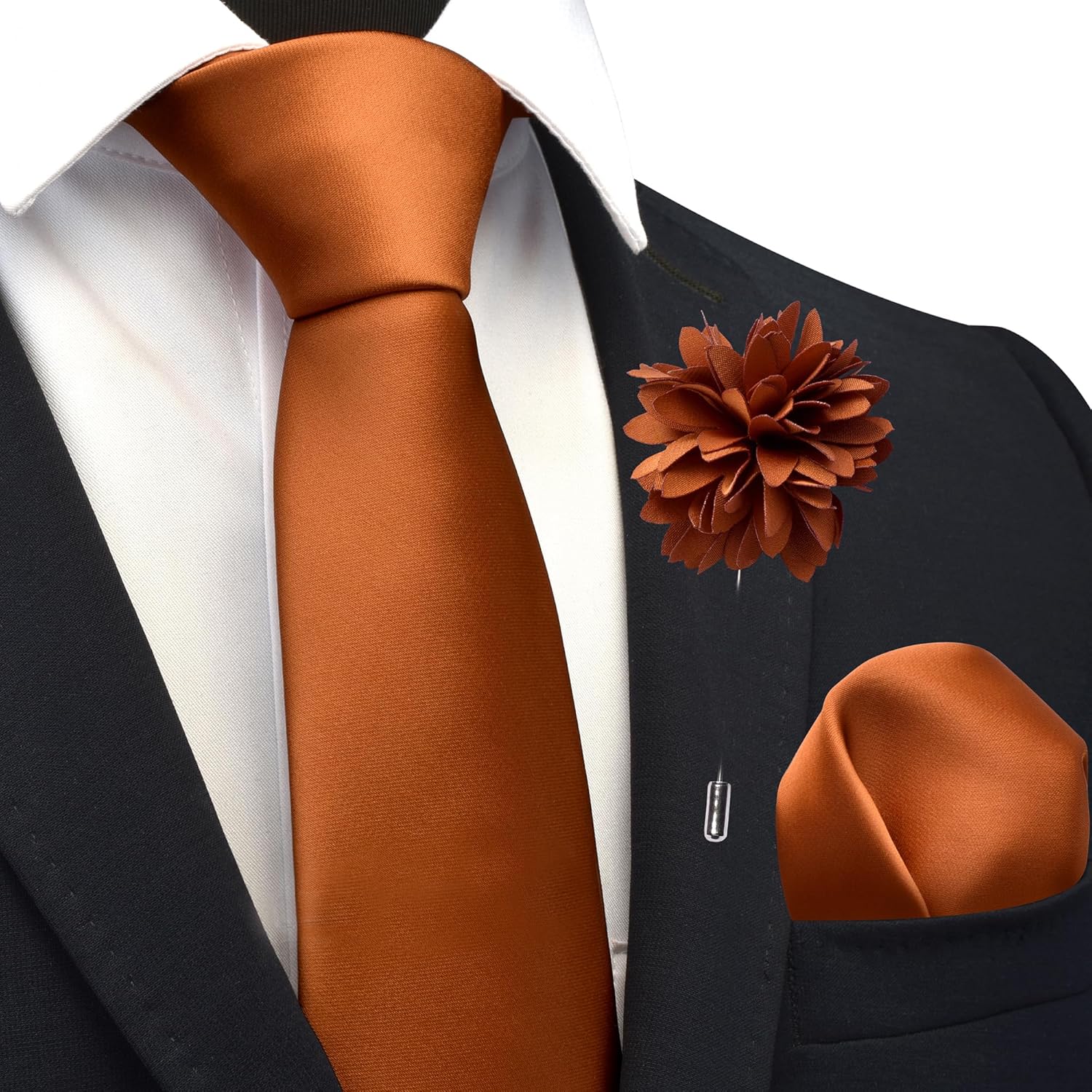 Branduce 3.15"(8cm) Pre-tied Adjustable Zipper Tie and Lapel Pin Solid Necktie Handkerchief Set for Men - Image 2