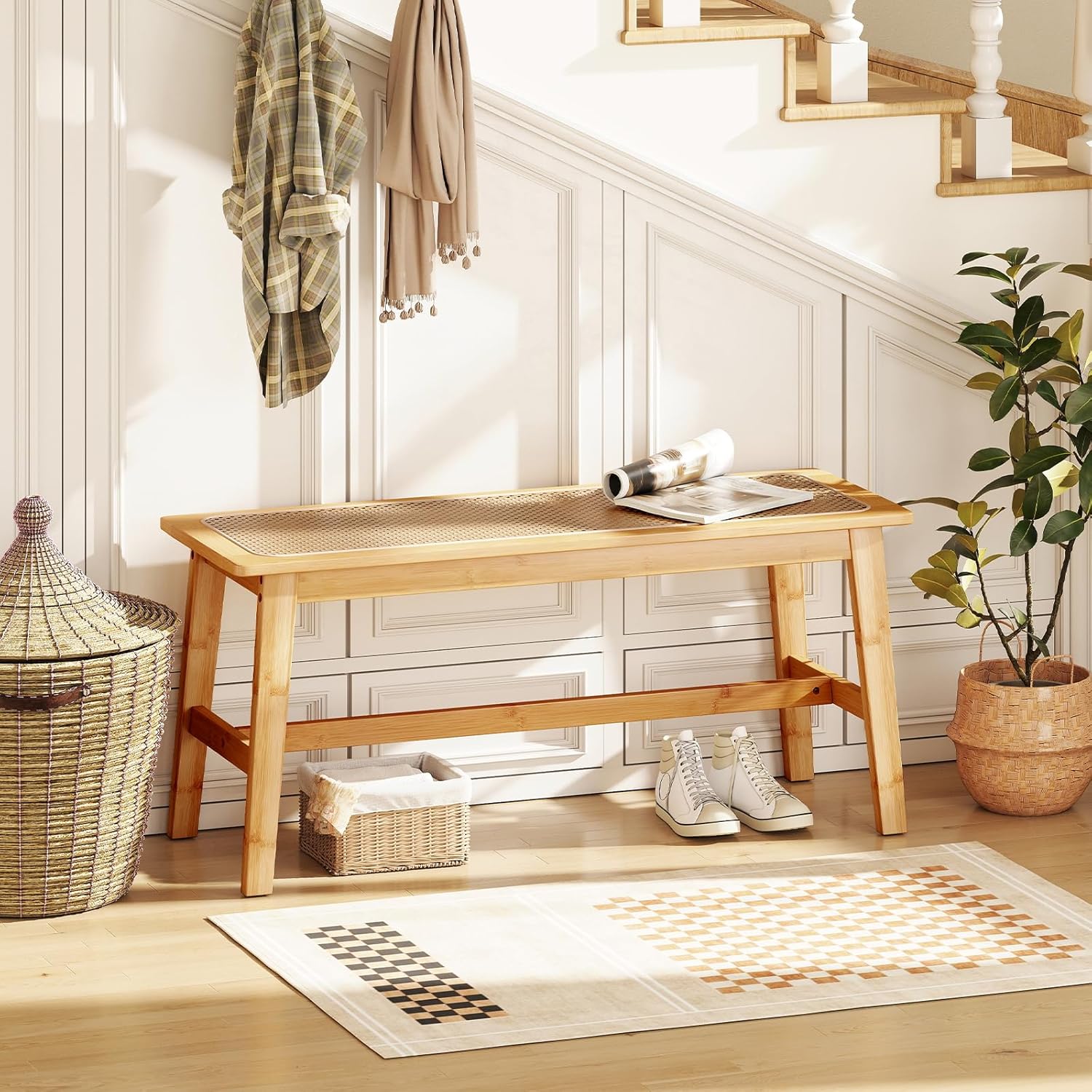 GOFLAME 39.5” Bamboo Dining Bench with Rattan Seat, Farmhouse End of Bed Bench for Bedroom, Boho Accent Bench Seat for Entryway, Living Room, Dining Room, 660 LBS Load Capacity