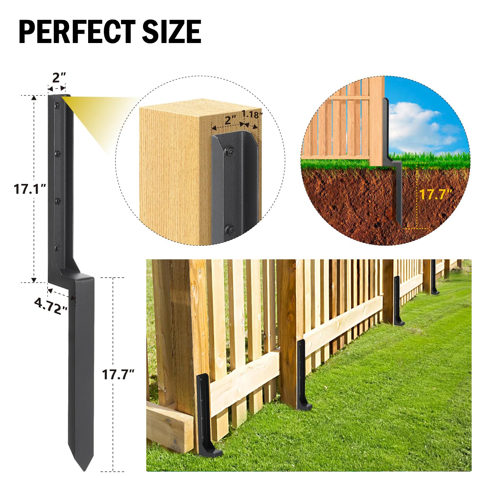 Anmas Power Heavy Duty Steel Fence Post Repair Stakes - 2 Pack Ground Spike for Tilted/Broken Wood Fence Post - Image 4