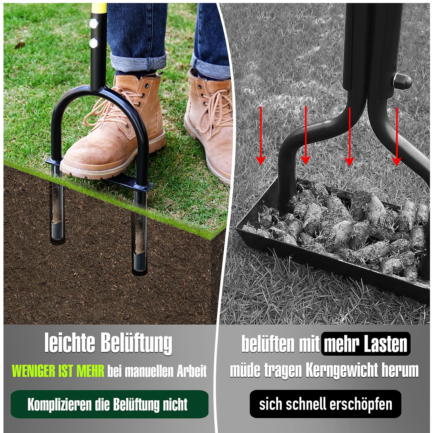 Jardineer Rasenlüfter Rasen-Kernbelüfter, Hand Aerifizierer für Rasen, Manueller Rasenvertikutierer, Kernbelüftungsgerät Gartengerät, Rasenspecht Aerifizierer und Aerifiziergabel für Verdichtete Böden