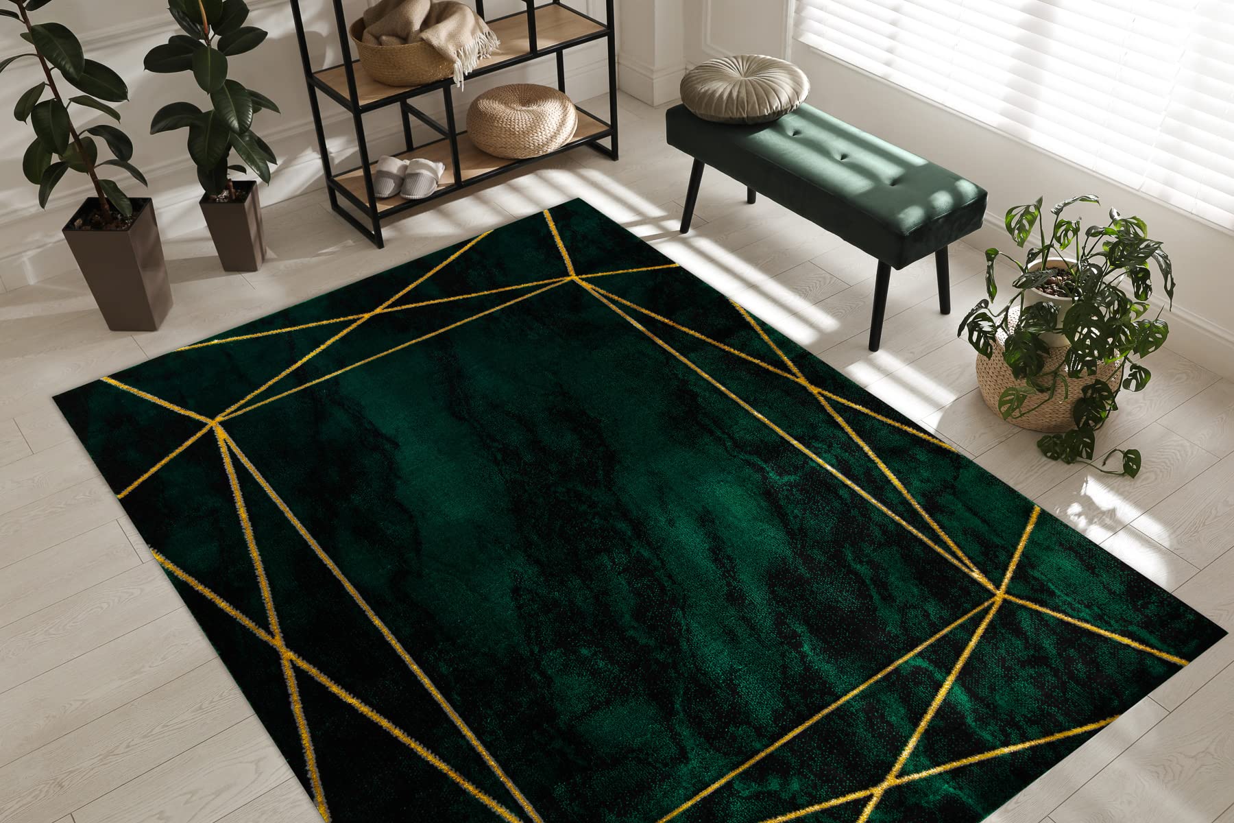 rugsx Tapis Exclusif Emerald Tapis Glamour, Tapis élégant, pour Le Salon, la Chambre à Coucher, Le Bureau, Le Dressing, Géométrique, Vert Bouteille/Or 180x270 cm