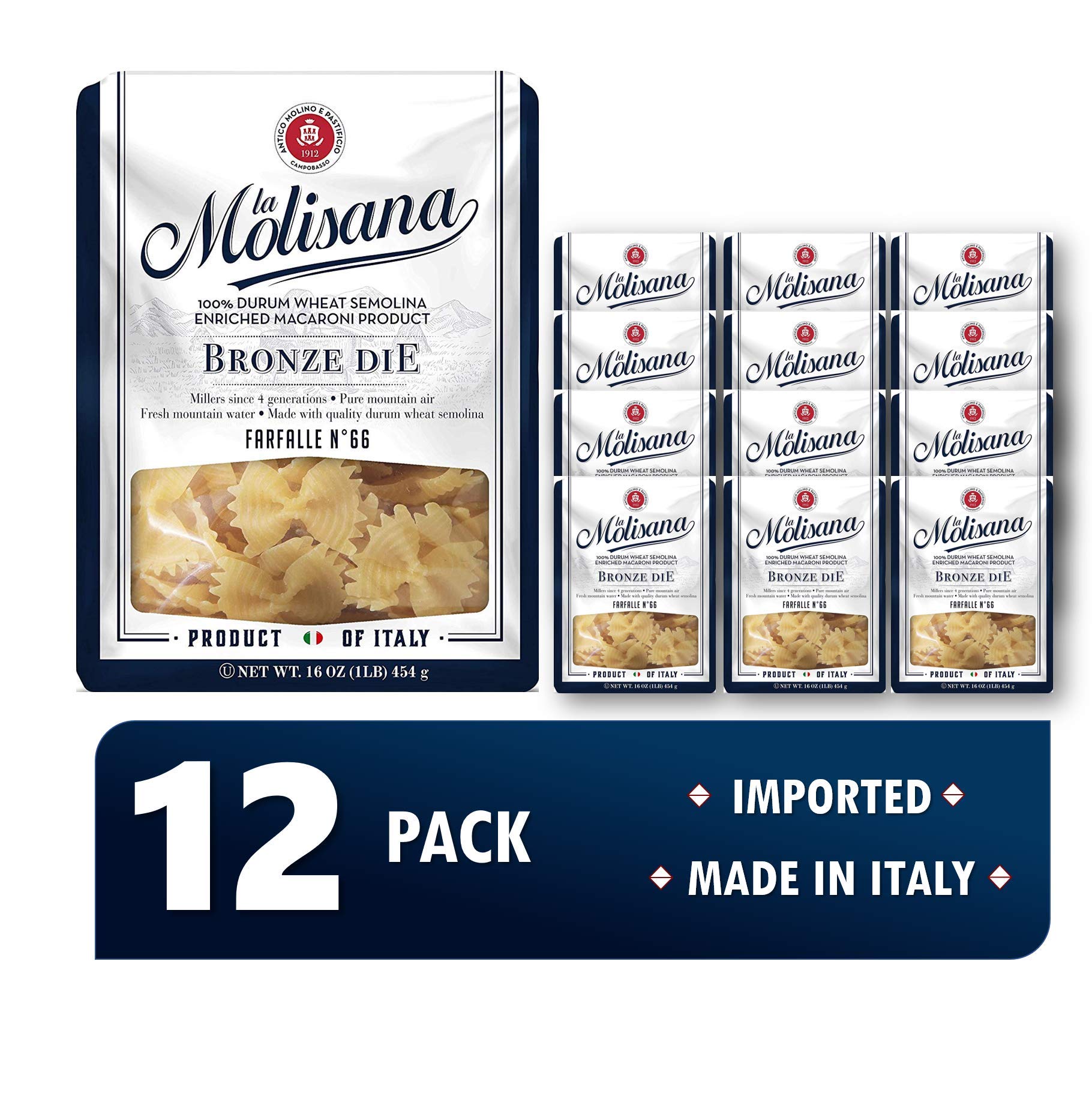 Authentic Italian Pasta | 100% Imported | Farfalle | Durum Wheat Semolina | 12 Pack (1lb)