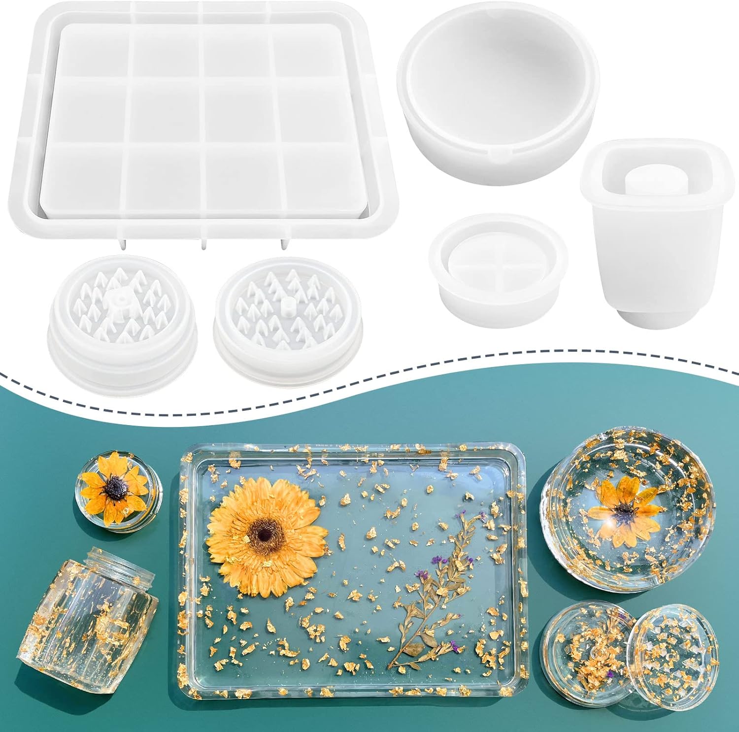 Resin Tray Molds, Rectangle Silicone Tray Molds with Edges for Resin Casting, Jar Mold with Lid and Grinder Mold, Large Silicone Rolling Molds DIY Jewelry Holder,Home Decoration