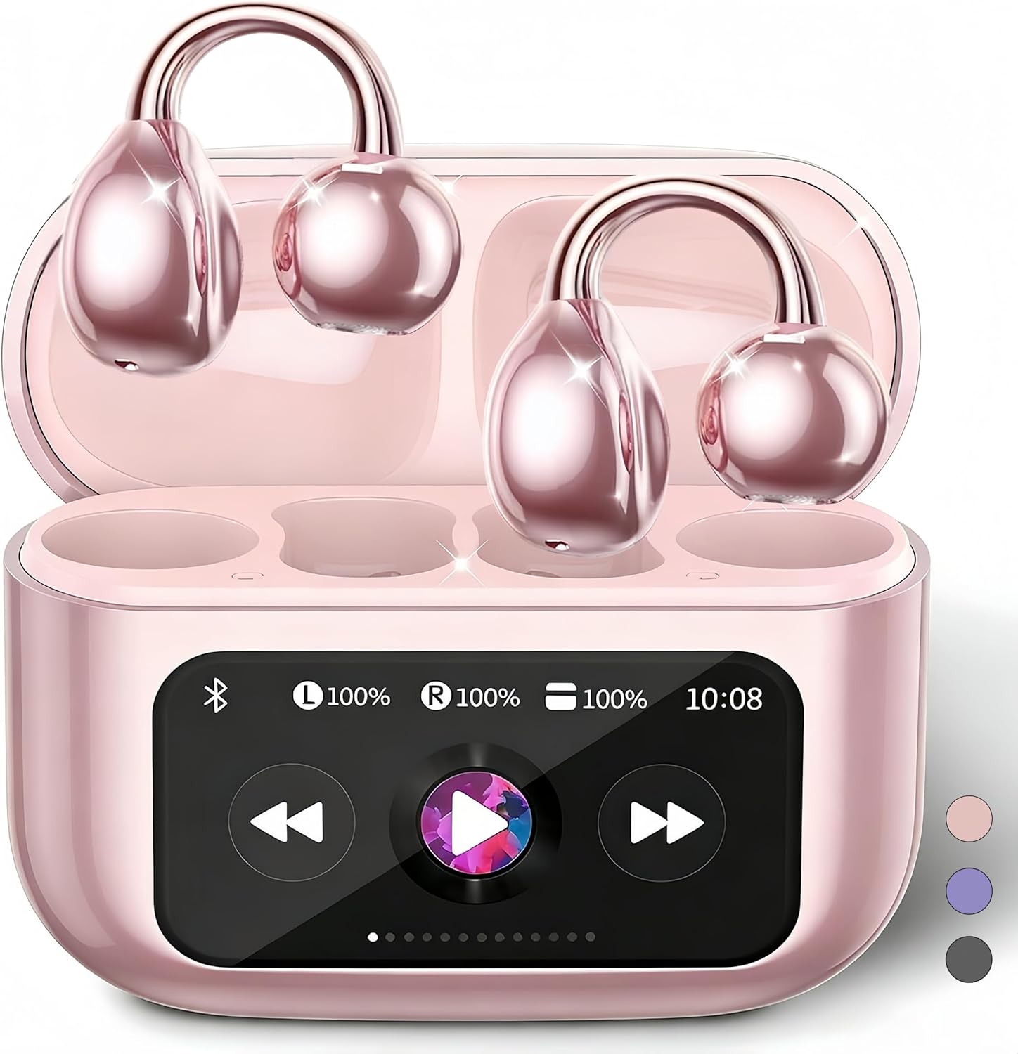 Open Ear Earbuds,Clip On Earbuds Wireless Bluetooth 6.0 with LCD Touchscreen, Lightweight Comfort Bone Conduction Headphones for Sports, Fitness, and Workouts, Rose Gold