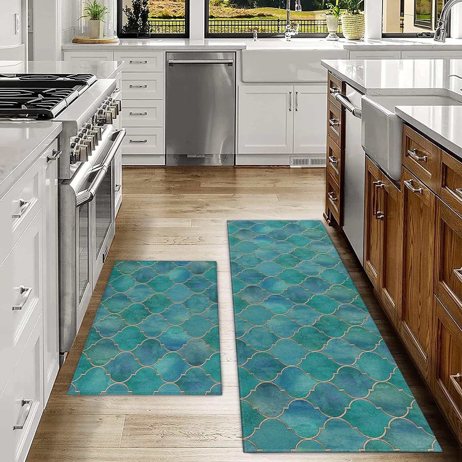 Teal Kitchen Rugs Sets of 2 Decor Turquoise Kitchen Rug Mat Washable Non-Slip Teal Kitchen Mats for Floor 2 Piece