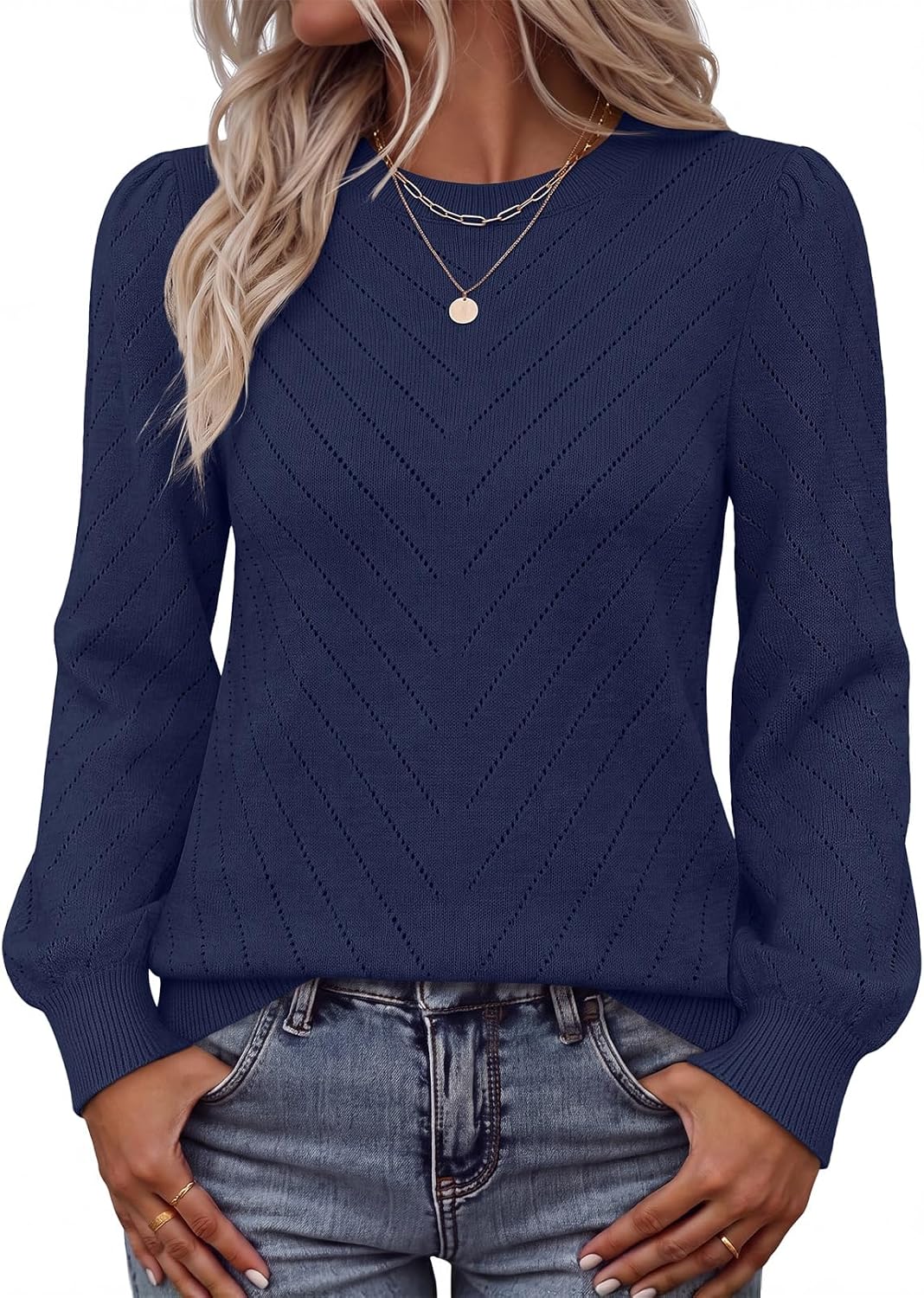 MEROKEETY Womens Fall Lightweight Sweater Long Sleeve Eyelet Pullover Tops