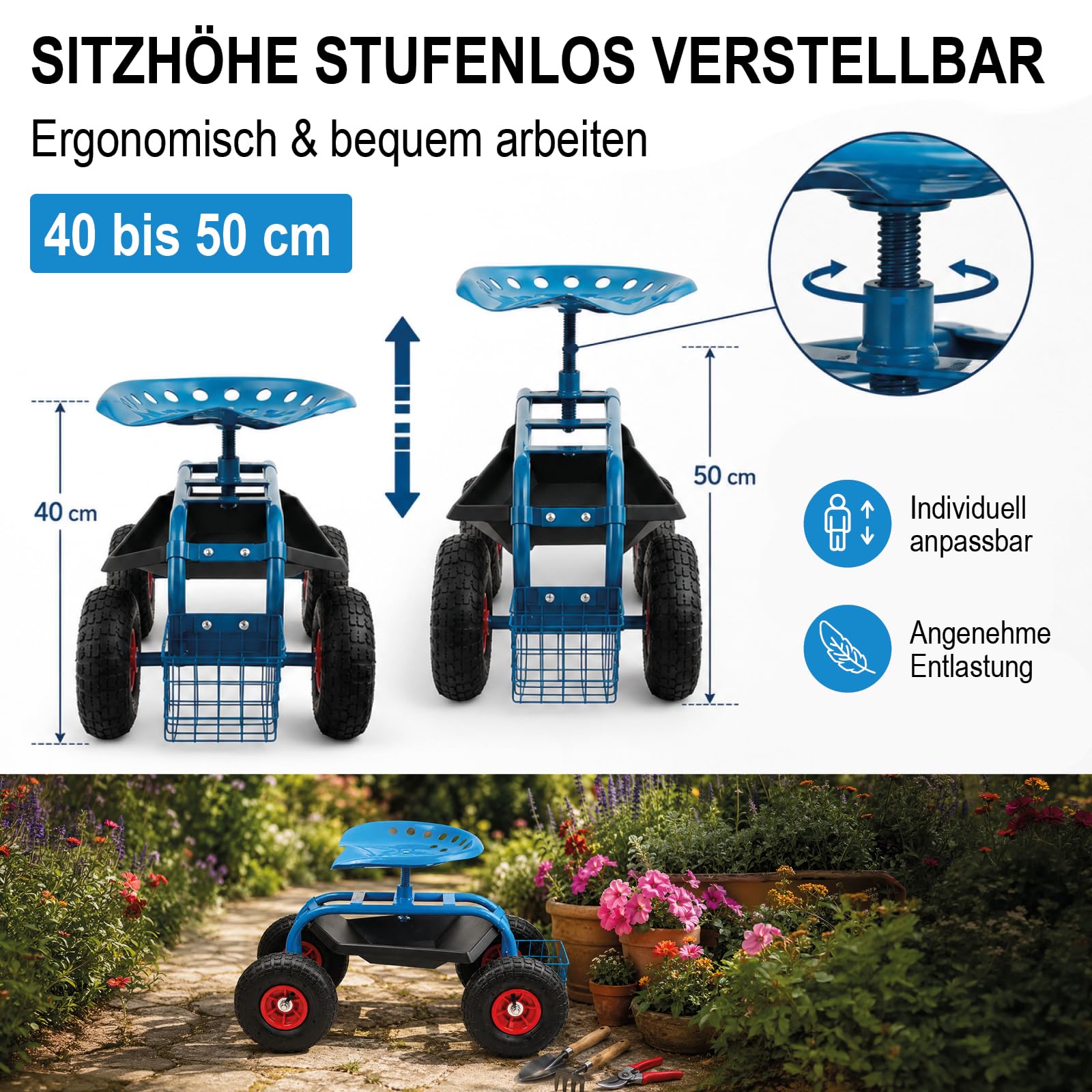 BITUXX Garten Rollhocker Hocker Arbeitshocker Sitzhocker Gartenhocker Gartenarbeit mit Ablage und Korb bis 150kg mit Luftbereifung