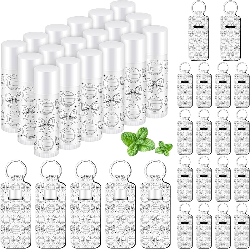 Kit com 18 bálsamos labiais de menta e suportes com chaveiro tema vôlei Swiffen