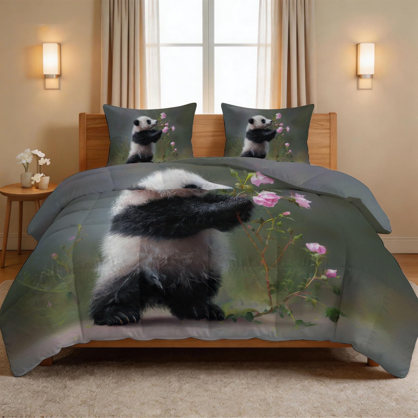Kołdra z kreskówek zwierzęcych 4 pory roku 240 x 260 cm, ciepła kołdra, lekka kołdra dla nastolatków i dorosłych, Panda Kwiaty Piwonie Rośliny Gałązki Liście Kołdra bez poszwy i 2 poszewki na poduszki