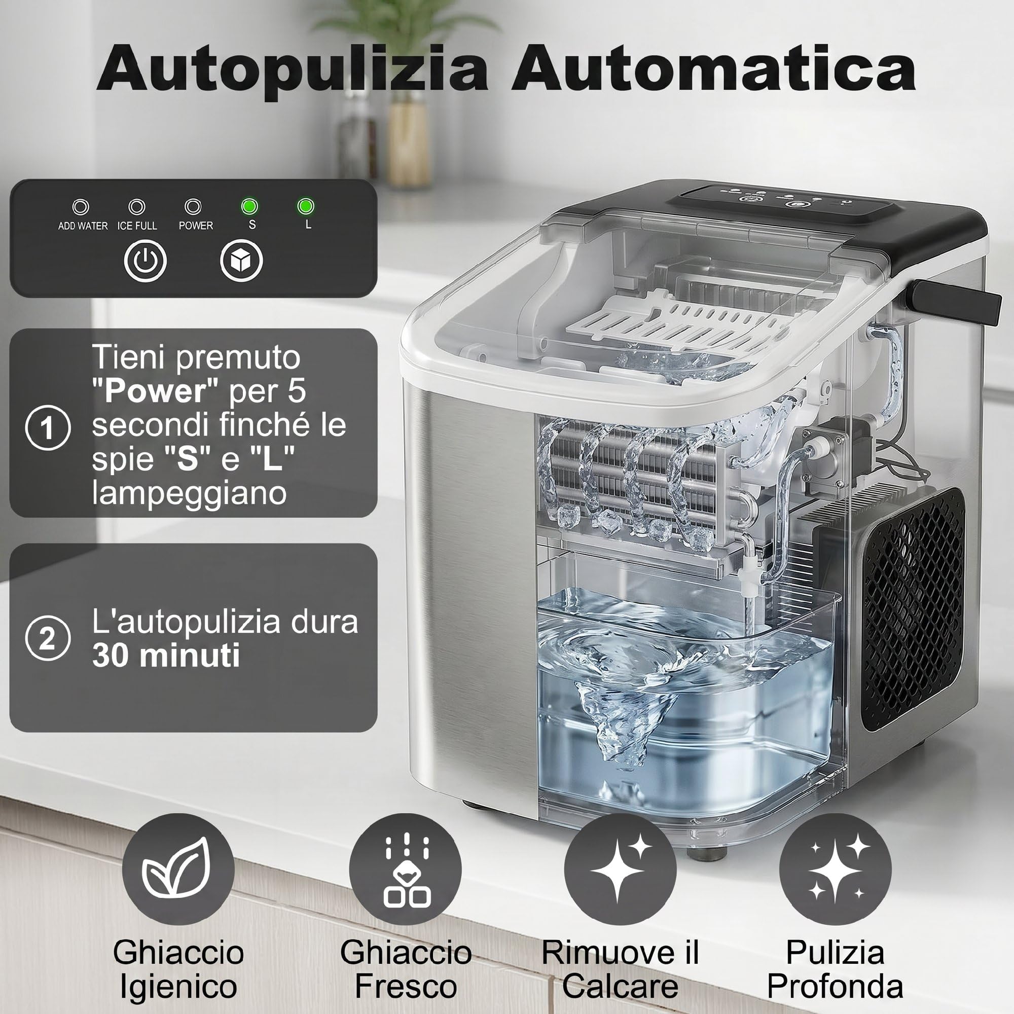 HOMCOM Macchina Ghiaccio 12kg/24h, Autopulente Macchina del Ghiaccio 9 Cubetti in 7-10Minuti, Acciaio Inox, 2 Dimensioni, Serbatoio 1.2L, Portatile, Silenzioso, Cestello Paletta, Casa Ufficio, Argento