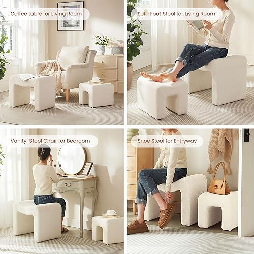 Miniatura 8 de Taburete Pequeño Otomán Taburete de Tocador Silla de Asiento sin Respaldo Moderno Reposapiés Juego de Otomán de Terciopelo Teddy para Cuarto de