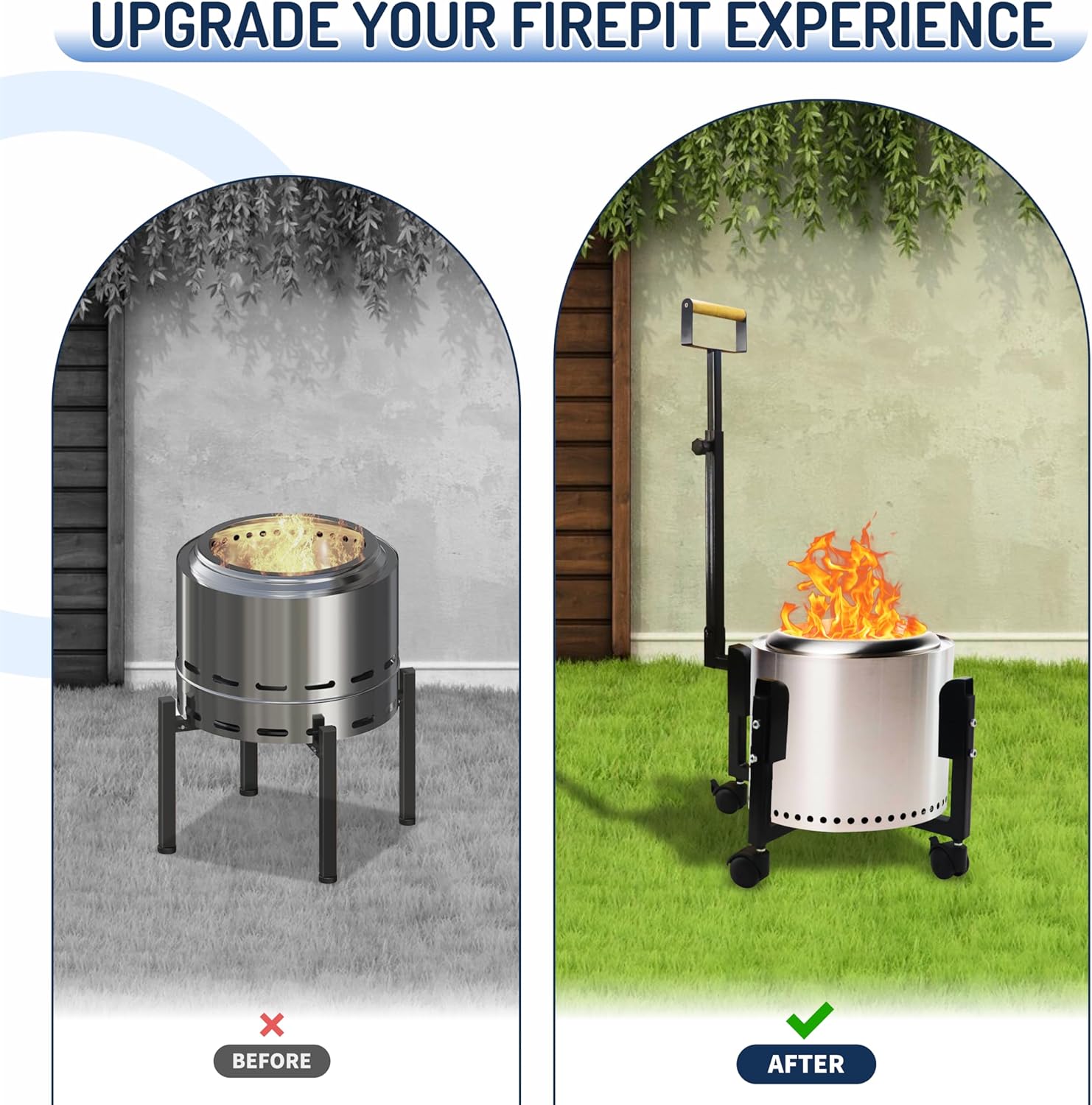 FEBTECH - 17.5" Portable Firepit Trolley Stand with Telescopic Handle – Firepit Stand for 15.5" Smokeless Firepit - Features Support Arm, Caster Wheels for Easy Mobility
