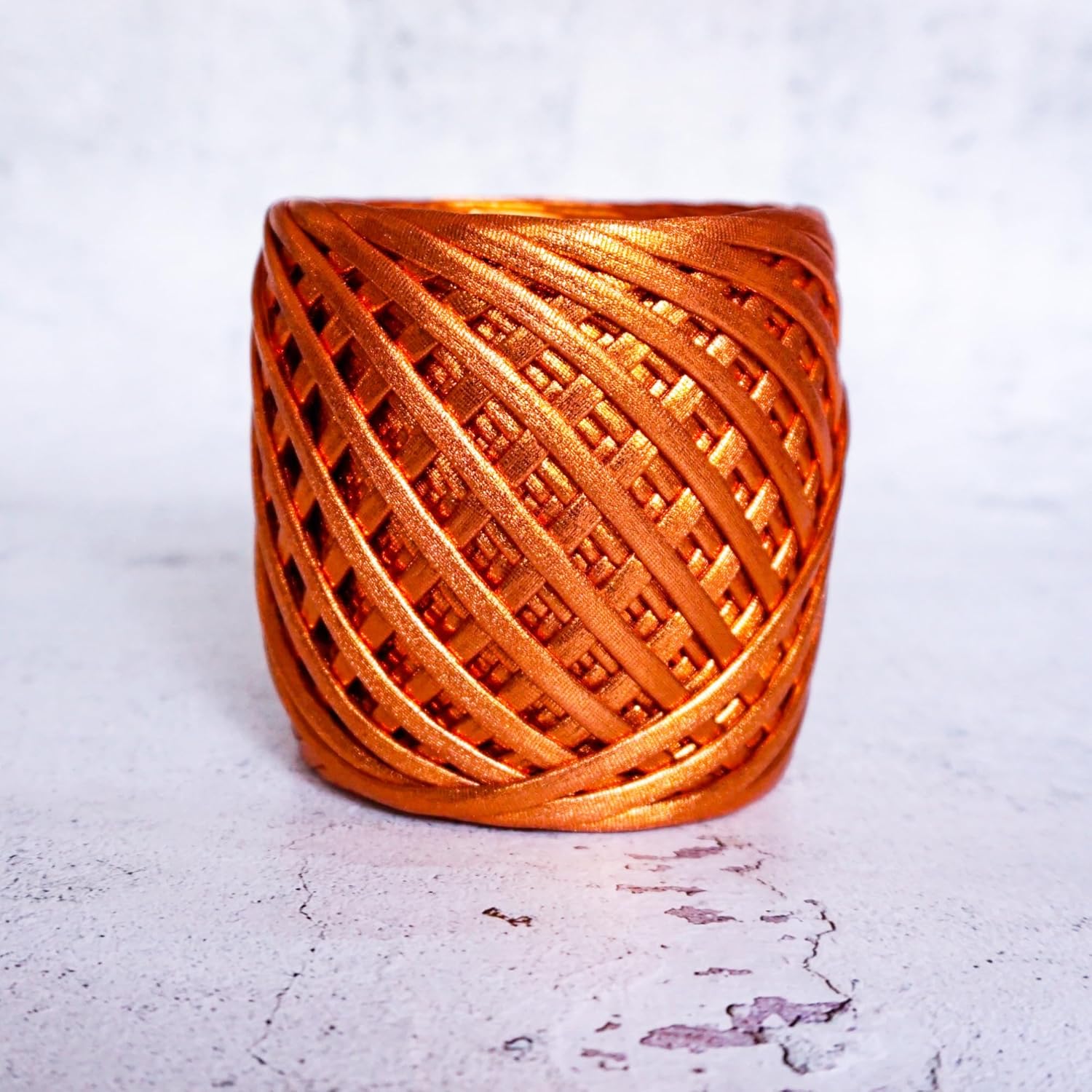 Metallic T-shirt yarn for crocheting baskets, bags, rugs and home decor. (Copper)