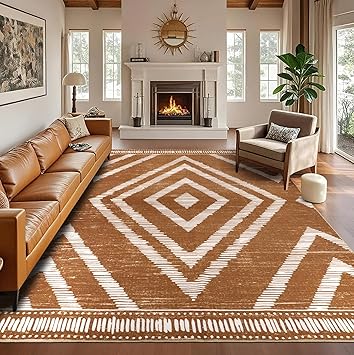 Geanlod Boho Washable Area Rugs 6x9ft, Moroccan Soft Brown Living Room Nursery Rugs Non Slip, Low Pile Large Bedroom Floor Ca