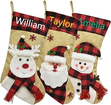 Personalized Christmas Stockings with Name, Custom Christmas Stocking Hanging Decorations for Holiday, Kids, Family, Fireplace, Xmas Gifts 3D Stockings Snowman/Deer/Santa 3PCS