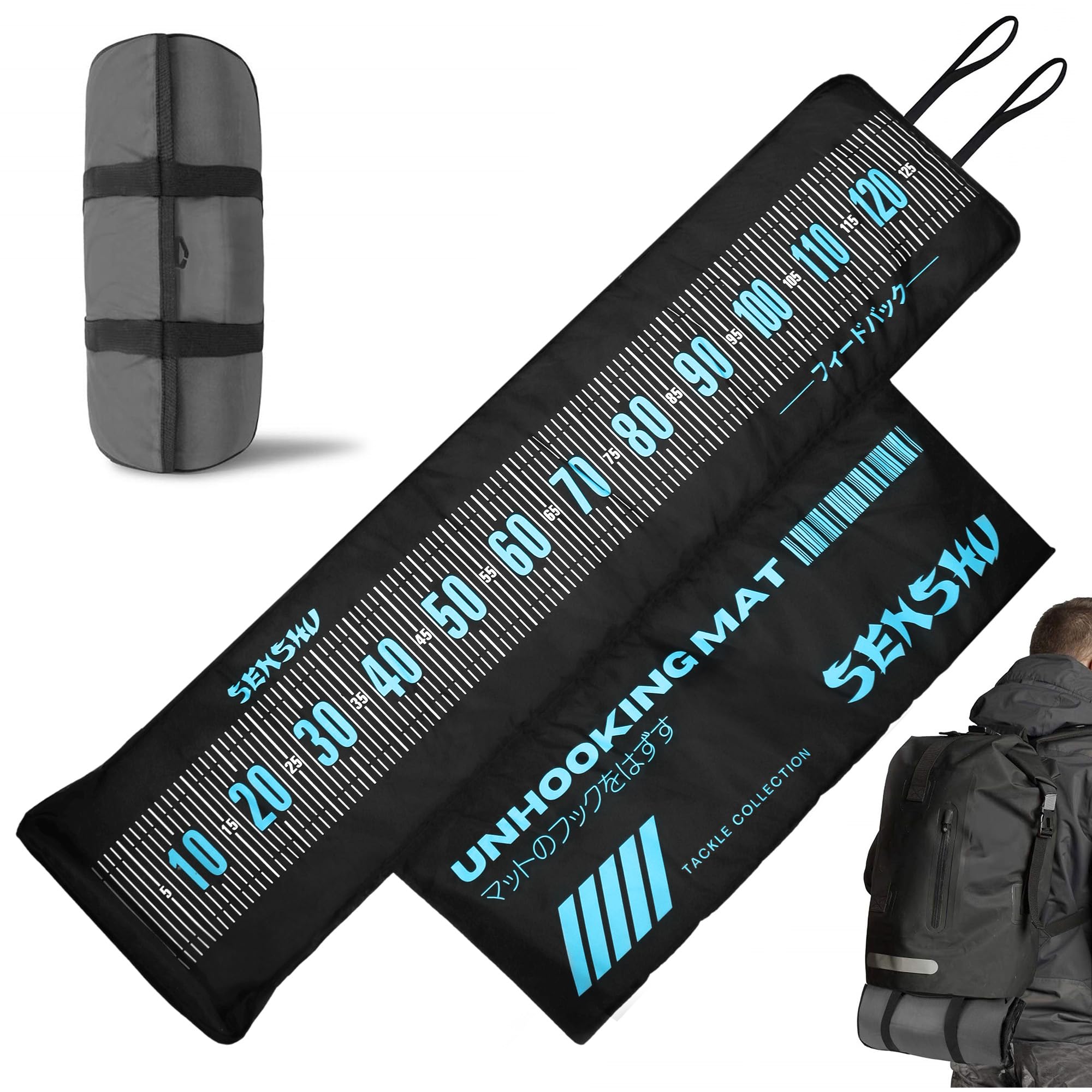 Abhakmatte mit Maßband, 130x30cm, Schwarz-Türkis | XXL Messmatte, Fischschutz-Matte mit Kniepolster, Rollbar & Ultraleicht, Schonend für Schleimhaut