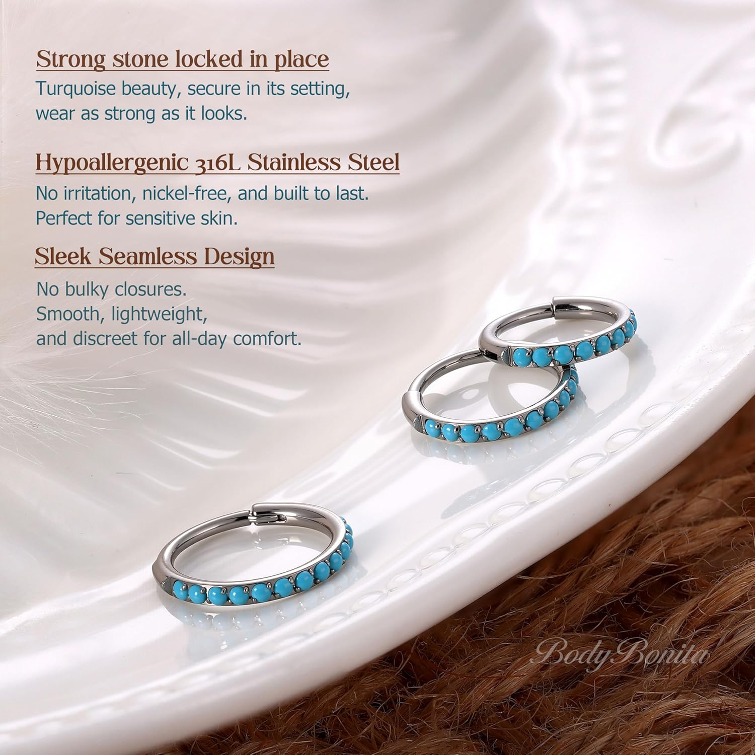 BodyBonita Hoops Nose Rings for Women - 316L Surgical Steel Turquoise Nose Ring Piercings 20G Segment Cartilage Helix Rook Tragus Conch Daith Earrings Septum Lip Jewelry 6/7/8mm Gold Plated/Silver - Image 2