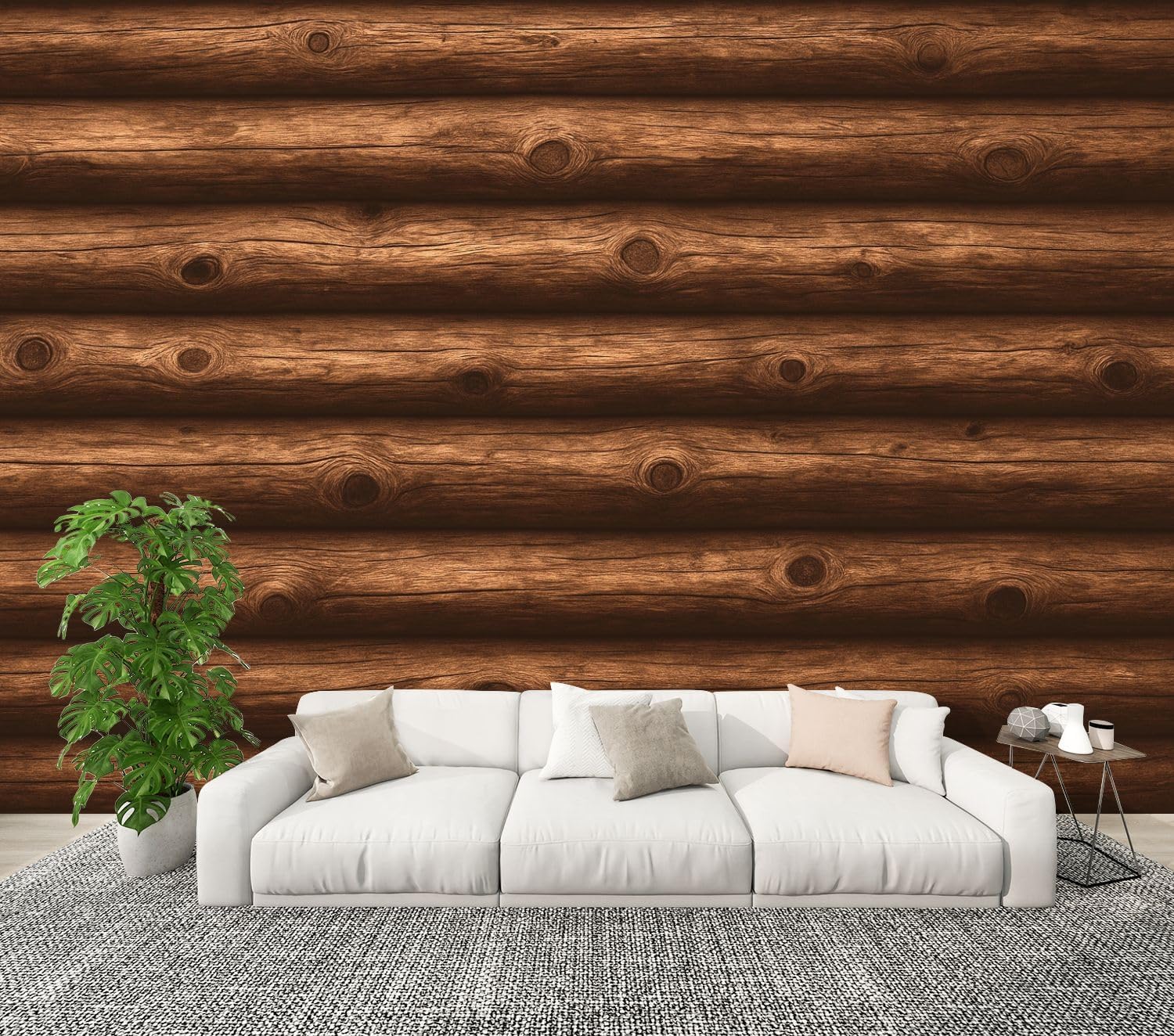 Modern Peel and Stick Wall Mural Wallpaper Seamless Natural Wood Log Cabin Wall Texture Rustic Old Grunge Brown Self Adhesive Removable Wall Stickers for Living Room Bedroom TV Background 69''x96''