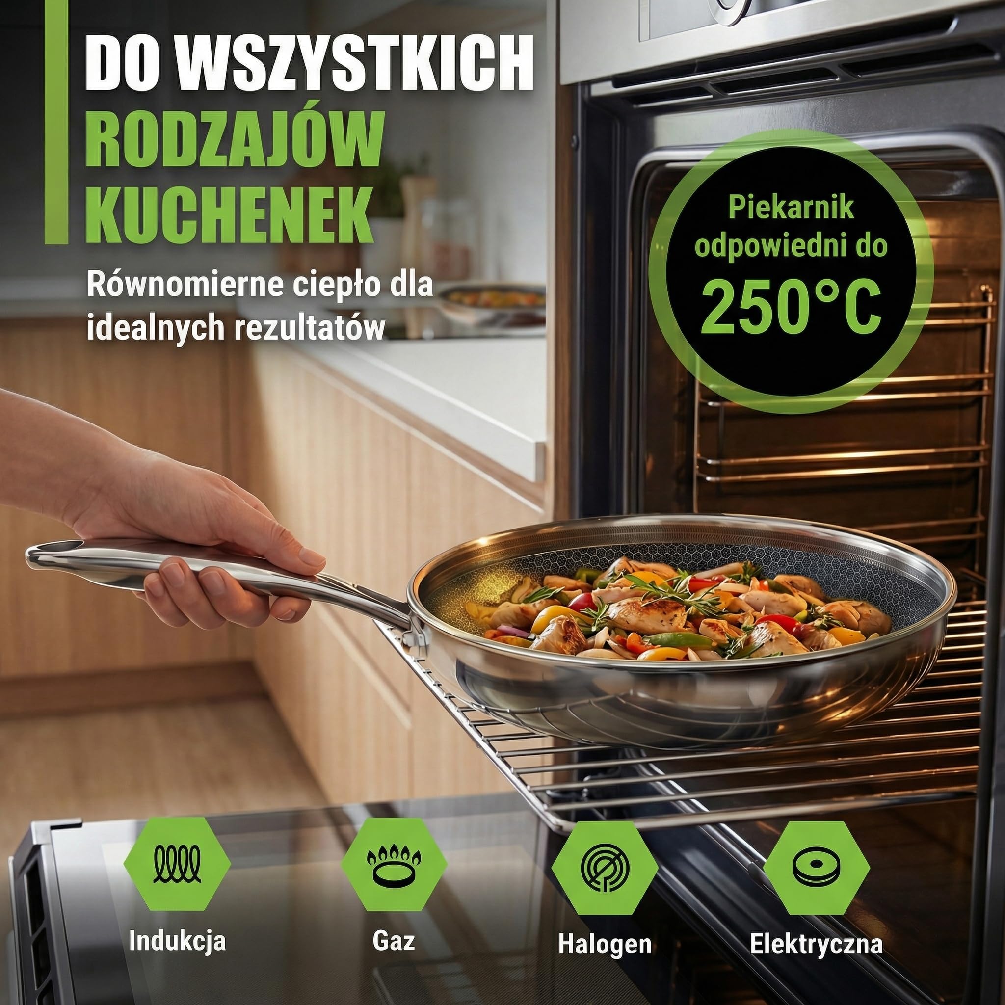 Patelnia o średnicy 32 cm, ceramiczna powłoka odporna na zarysowania | 5 warstw - 3 mm - 1,67 kg | indukcyjna, nie zawiera PFAS i PTFE | można używać w piekarniku w temperaturze do 250°C