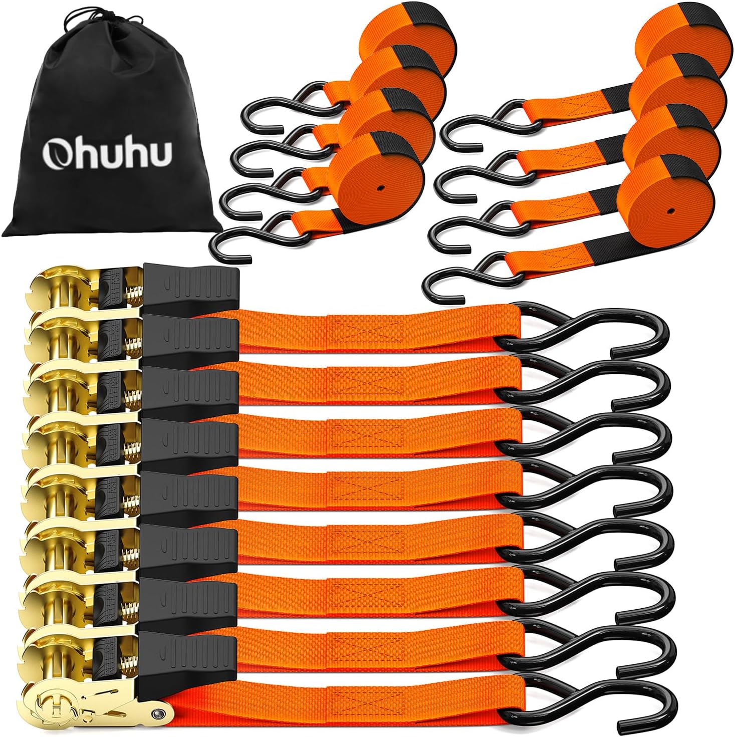 Ratchet Tie Down Strap 8-Pack 15 Ft - 500 lbs Load Cap with 1500 lbs Breaking Limit, Ohuhu Ratchet Tie Downs Logistic Cargo Straps for Moving Appliances, Motorcycle, Orange
