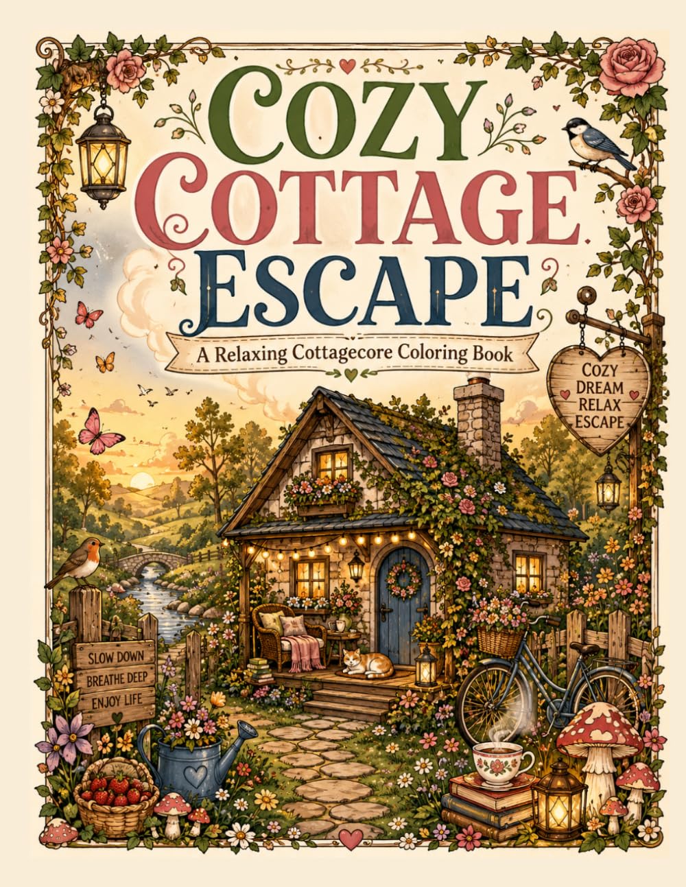 Cozy Cottage Escapes: A Bold & Easy Coloring Book with Cozy Cottages, Mushrooms, Tea Scenes and Peaceful Nature for Relaxation & Stress Relief (Cozy Escape Collection)