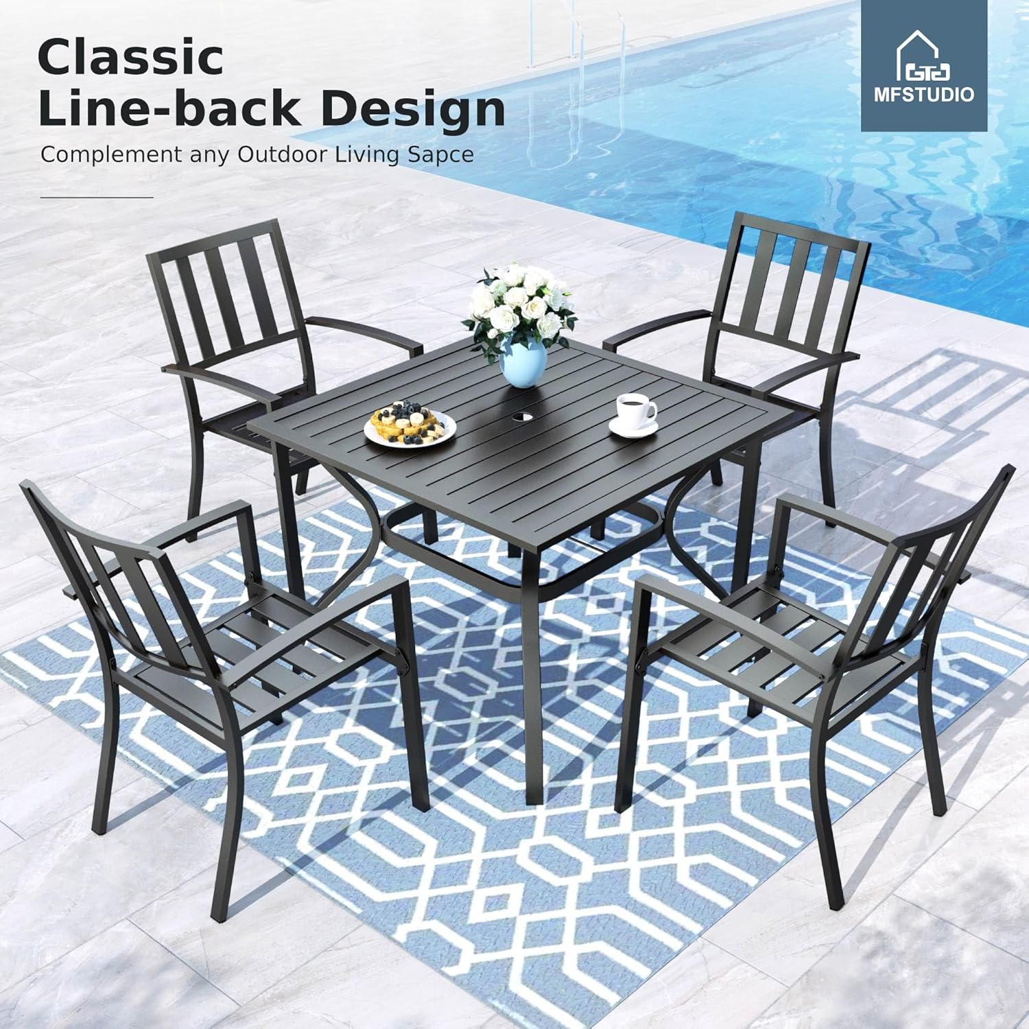 MFSTUDIO Outdoor Dining Chairs Set of 4, Metal Patio Chairs for Deck Bistro Porch Lawn, Black Wrought Iron Stackable Patio Dining Chairs