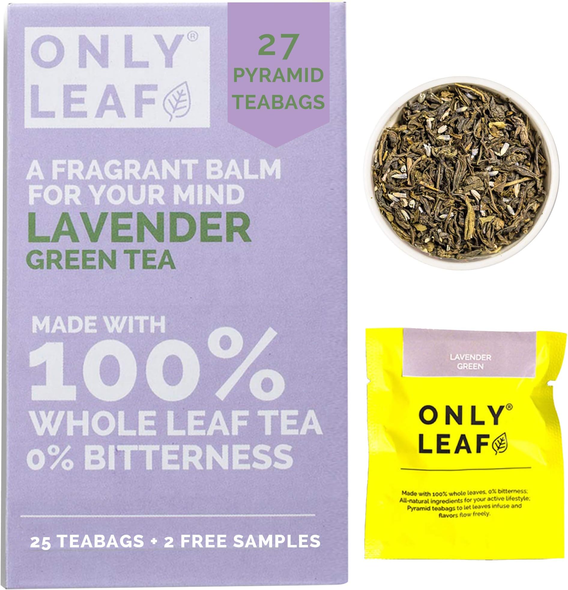 ONLYLEAF Lavender Green Tea for Relaxed Mind, Made with 100% Whole Leaf & Natural Lavender Flowers, 27 Pyramid Tea Bags (25 Tea Bags + 2 Free Samples)