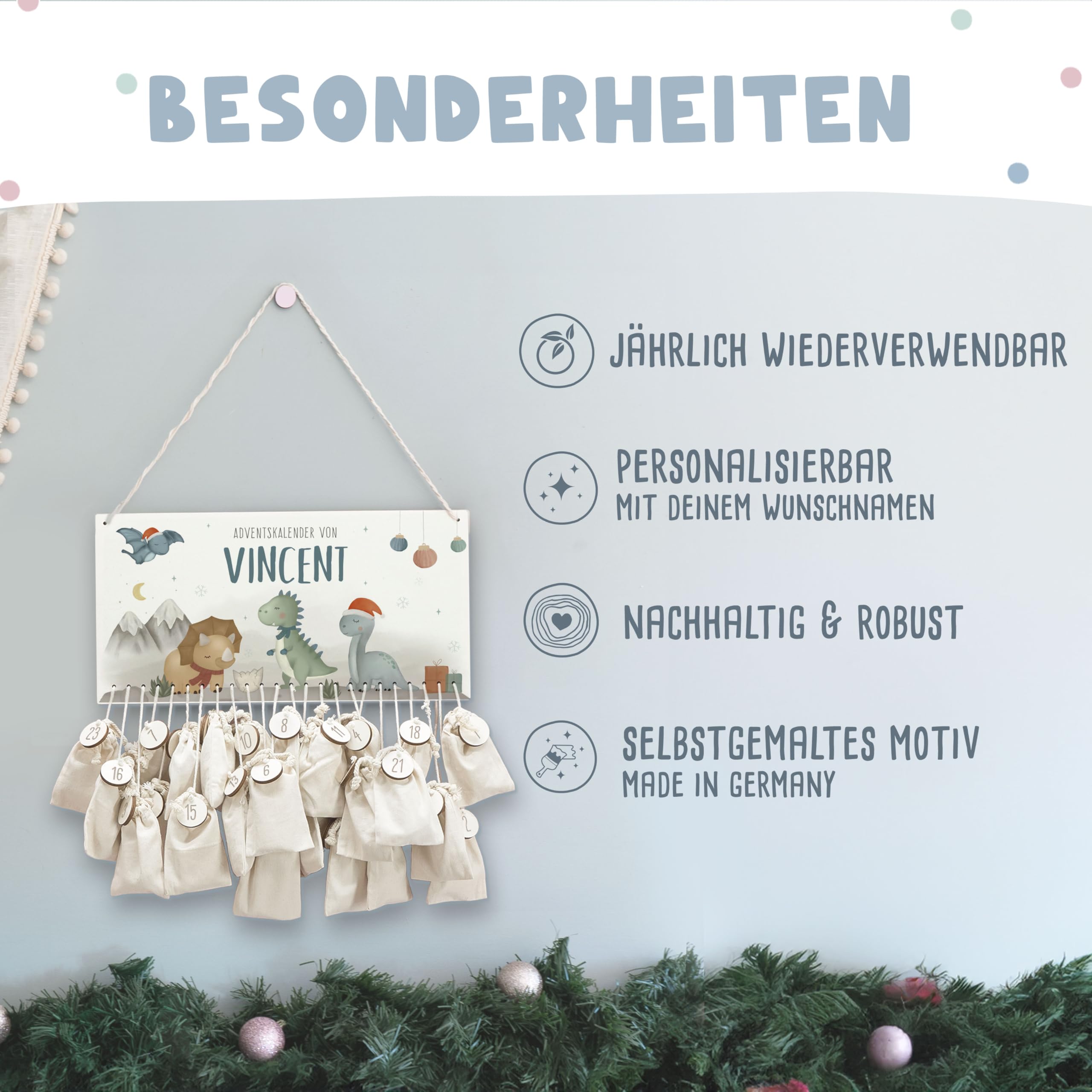 Adventskalender Personalisiert für Kinder | Advent Kalender zum befüllen aus Holz | Wandmontage Weihnachtskalender DIY mit Namen | hellomini (Dinowelt)