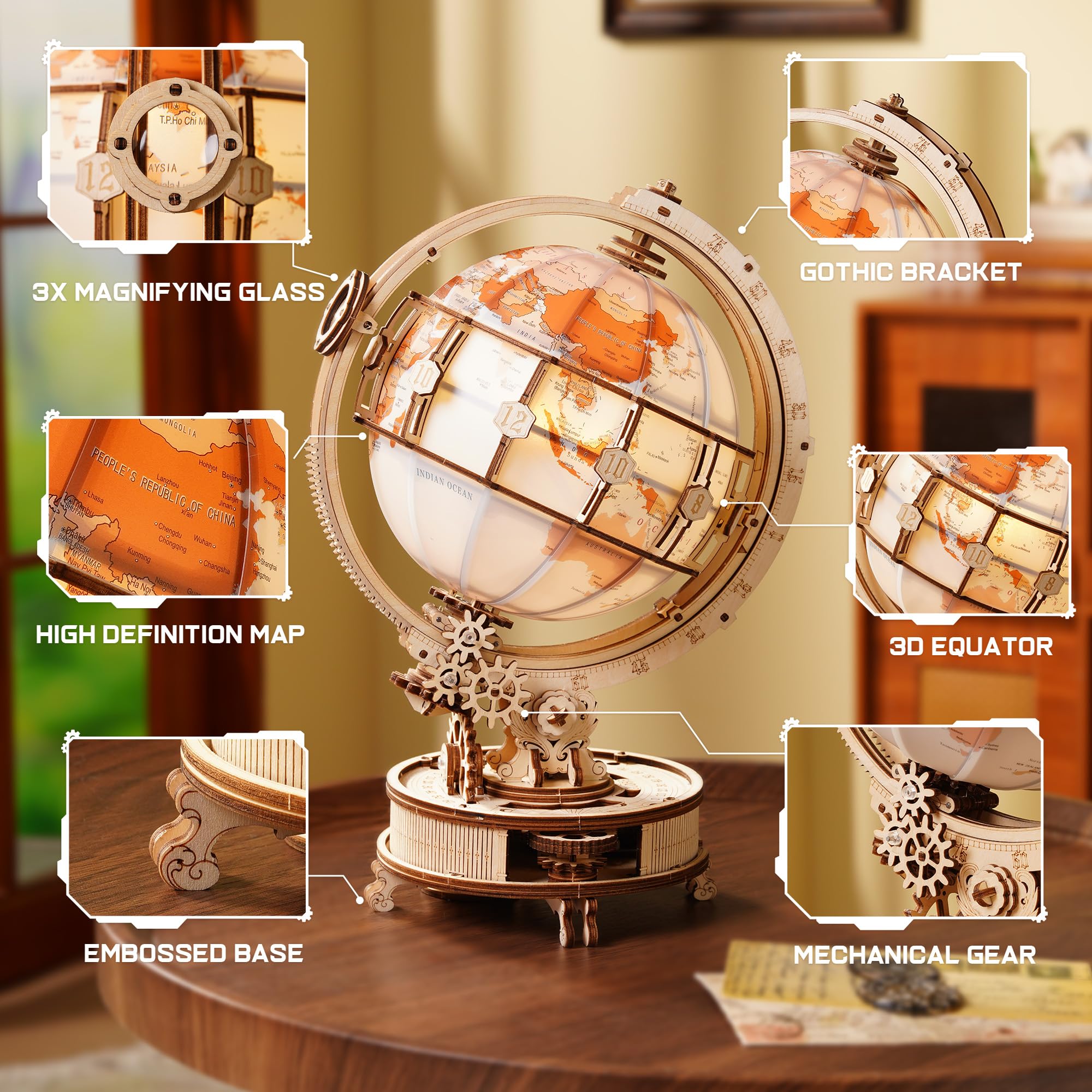 ROKR 3D Holzpuzzle Globus ST003D Selbstdrehender Modellbausatz für Erwachsene mit LED Dekoration Mechanisches 3D Puzzle Holzmodellbausatz Geschenk für Frauen Männer