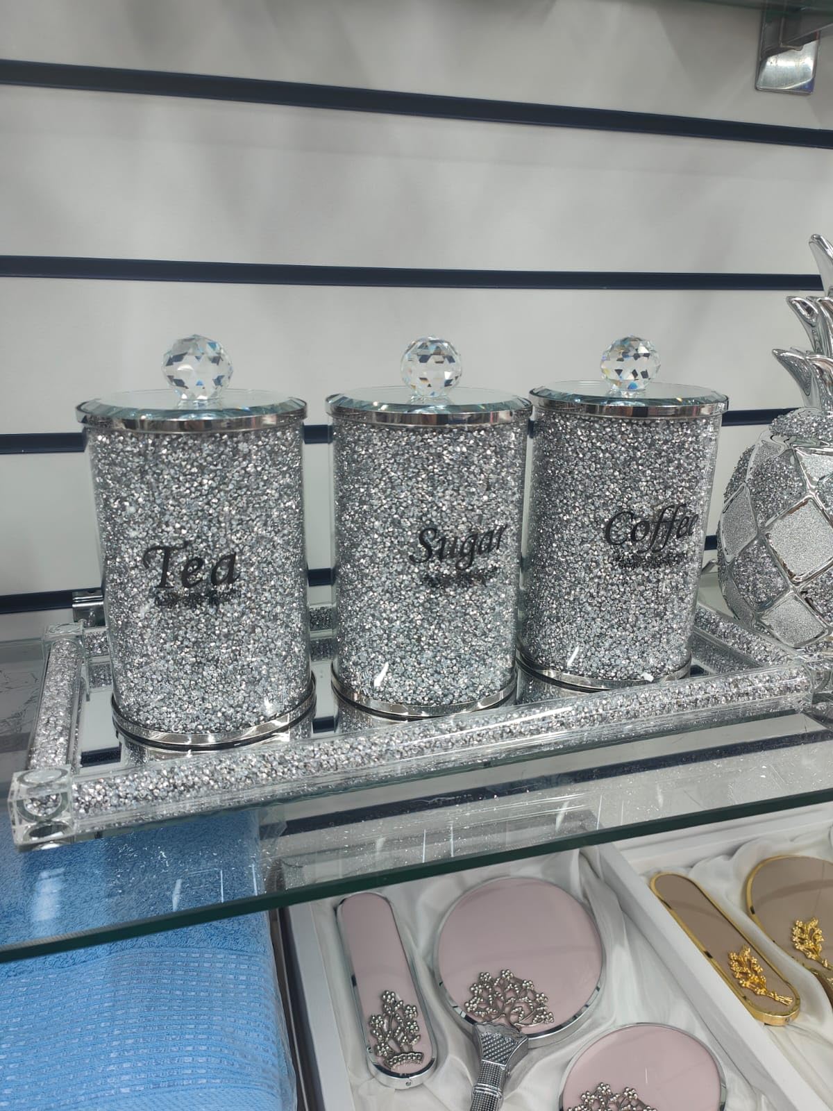Biznest Silver Set Of Diamond Crushed Tea Coffee Sugar Jars & Mirrored Crystal Candle Plate 39X18cm Elegant Addition To Your Home- Best Gift