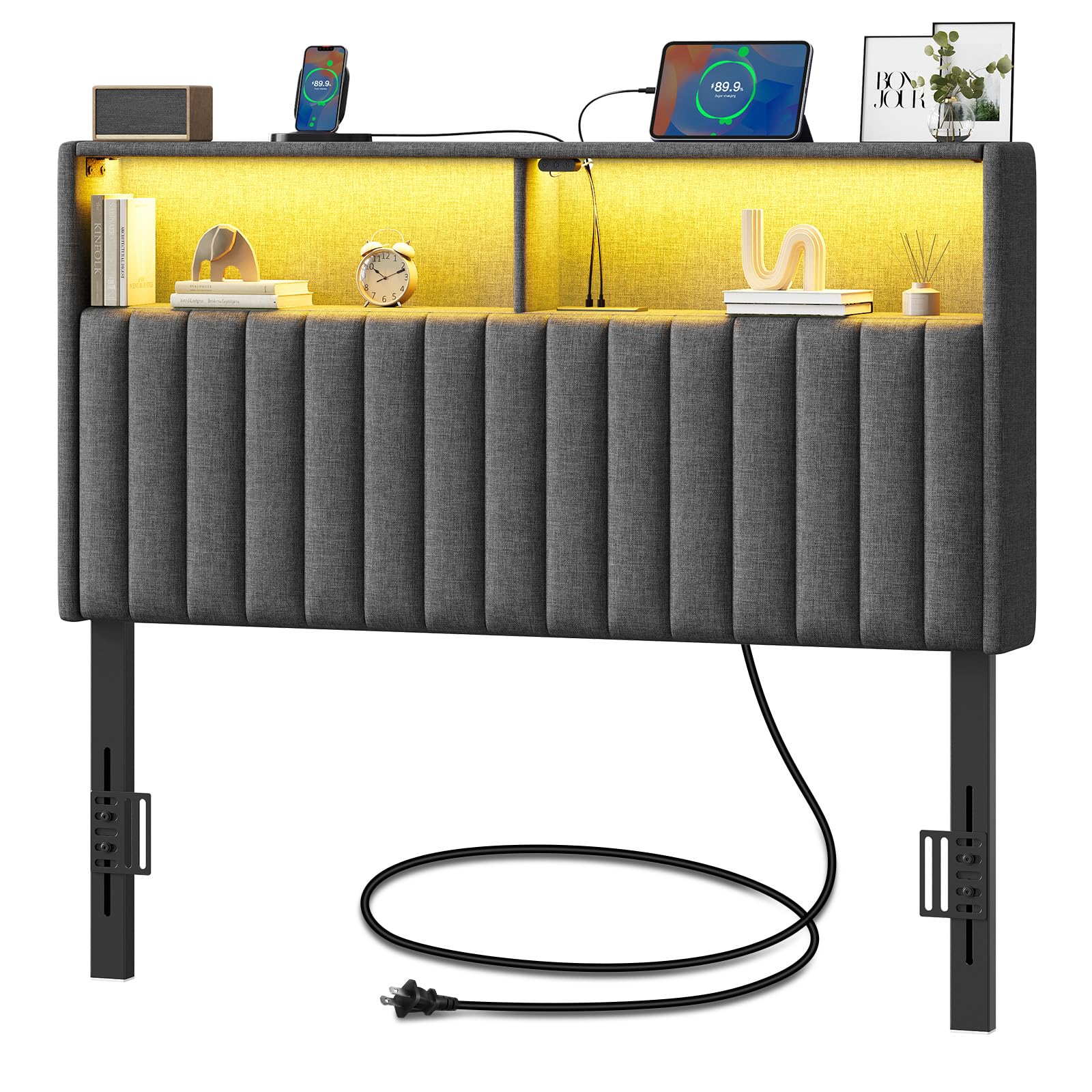 Rolanstar Headboard for Twin Size Bed with Storage, Head Board with USB & Type C Port, 60,000 DIY Color of LED Light, Velvet Upholstered, Height Adjustable, Sturdy, Easy Assembly, Grey