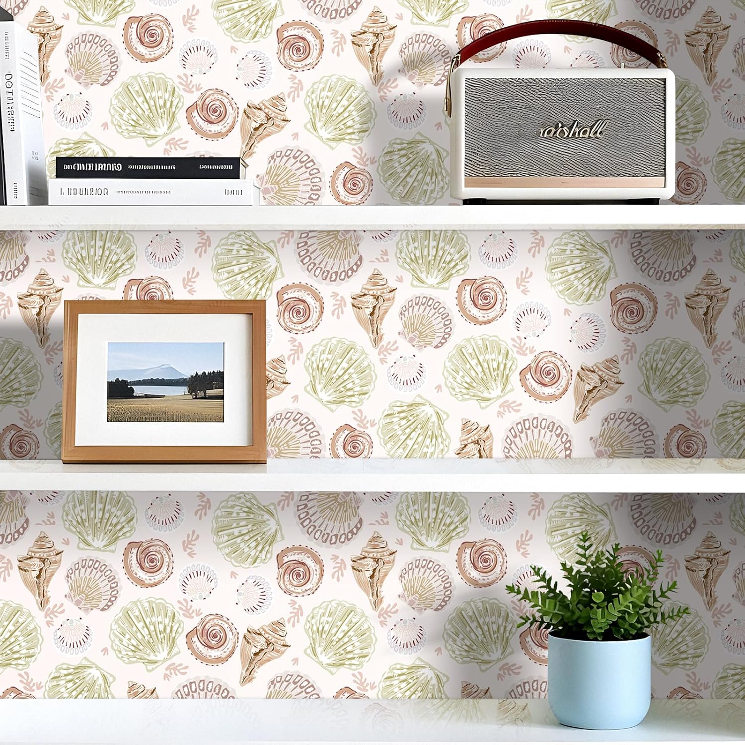 Livelynine 17.5x276 Coastal Sea Shell Wallpaper Peel and Stick Kids Wallpaper for Bedroom Girls Room Nursery Girl Ocean Wall Paper for Bathroom Waterproof Pink and Green Contact Paper Removable Walls