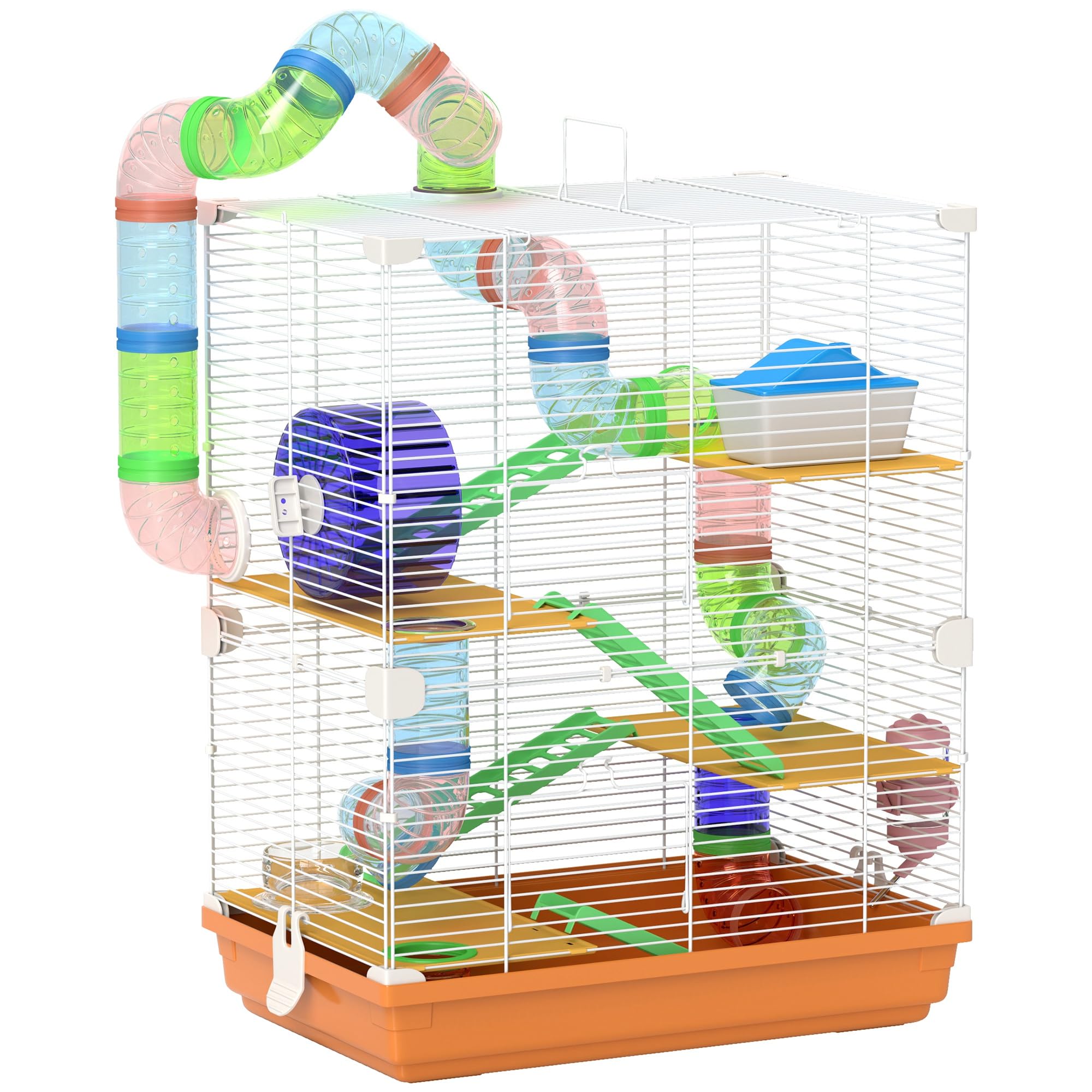 PawHut Cage pour Hamster Rongeur 4 étages avec Tunnels mangeoire Roue Maison échelles dim. 46L x 30l x 58H cm Orange - 2