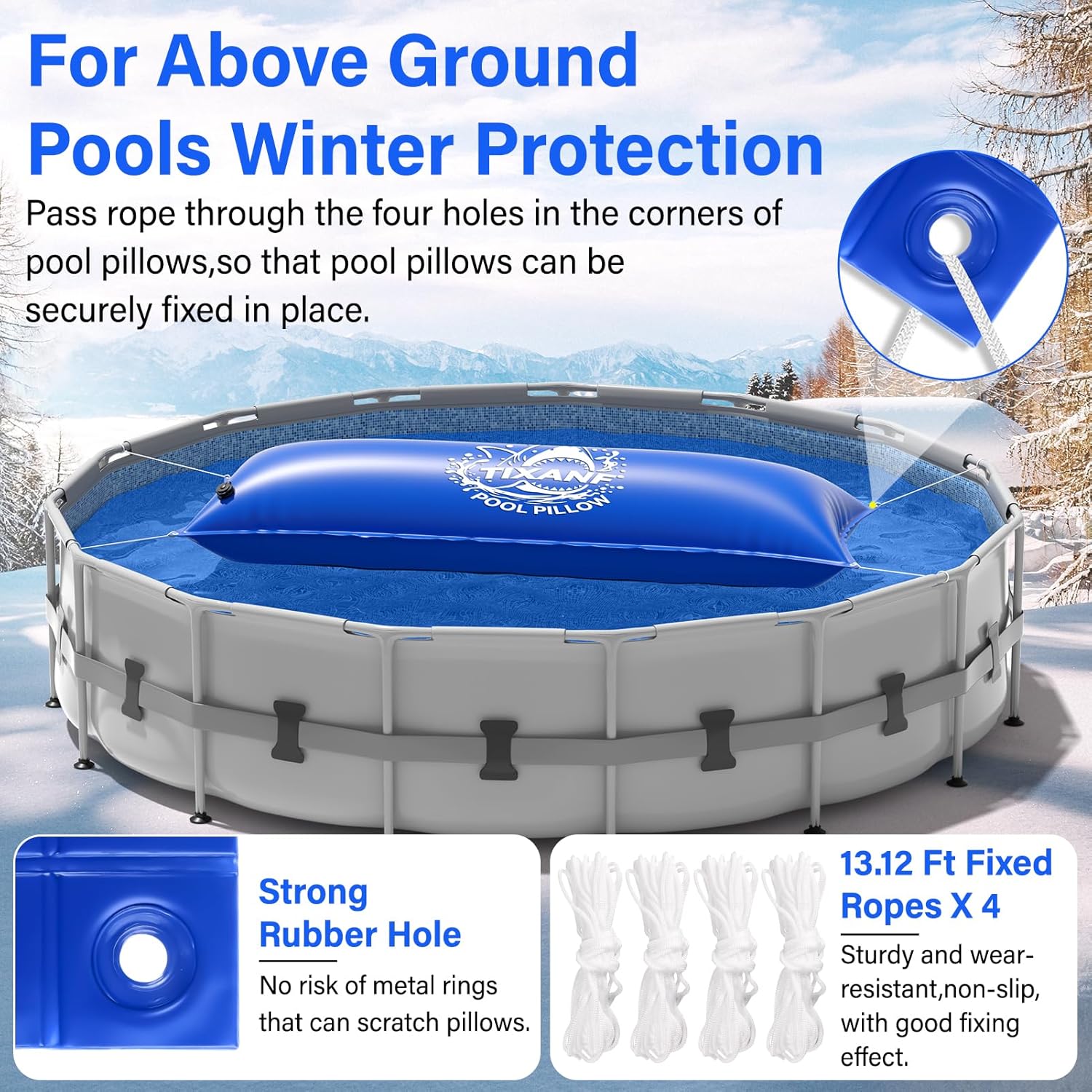 4 x 15Ft Winter Pool Pillow, Thickened Flexible and 0.8mm Double-Layer Hot Melt Process Durable PVC Pool Pillows for Above Ground Pools,Swimming Pool Closing Winter Kit,Rope and Patch Included