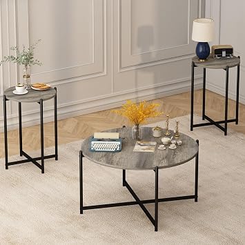 AWQM Faux Marble Coffee Table Set of 3, 1 Coffee Table & 2 Sofa Table, Round Tabletop and Metal Cross Base Frame,Perfect for Living Room Apartment, Grey