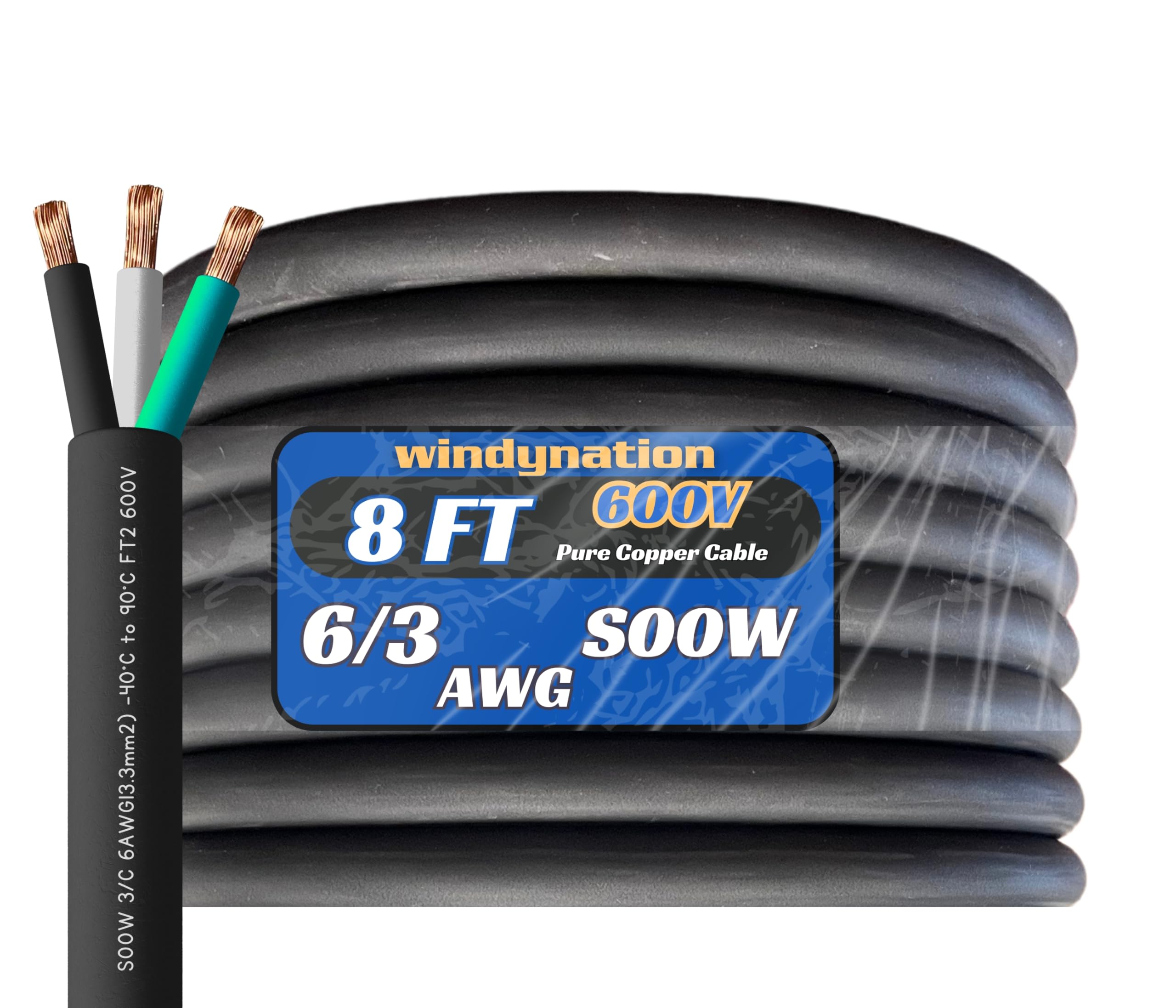 WindyNation 8 Feet 6/3 6 AWG SOOW SO Cable Cord Wire - 6 Gauge 3