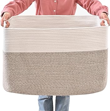 Extra Large Blanket Basket Living Room, Cotton Rope Basket for Toys, Clothes, White and Brown - 25 x16 x16 (108L)