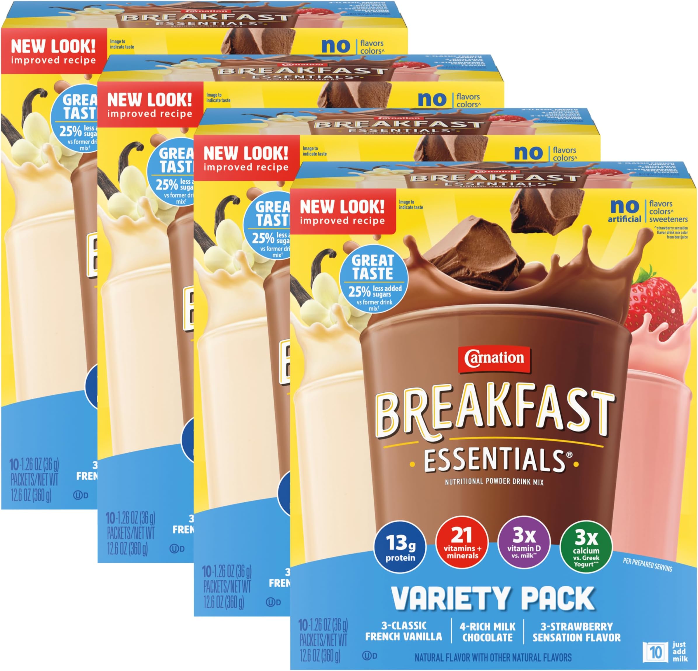 Carnation Breakfast Essentials Powder Drink Mix Variety Pack, Complete Nutritional Drink, 10 Count Box of 1.26 oz Packets (Pack of 4)