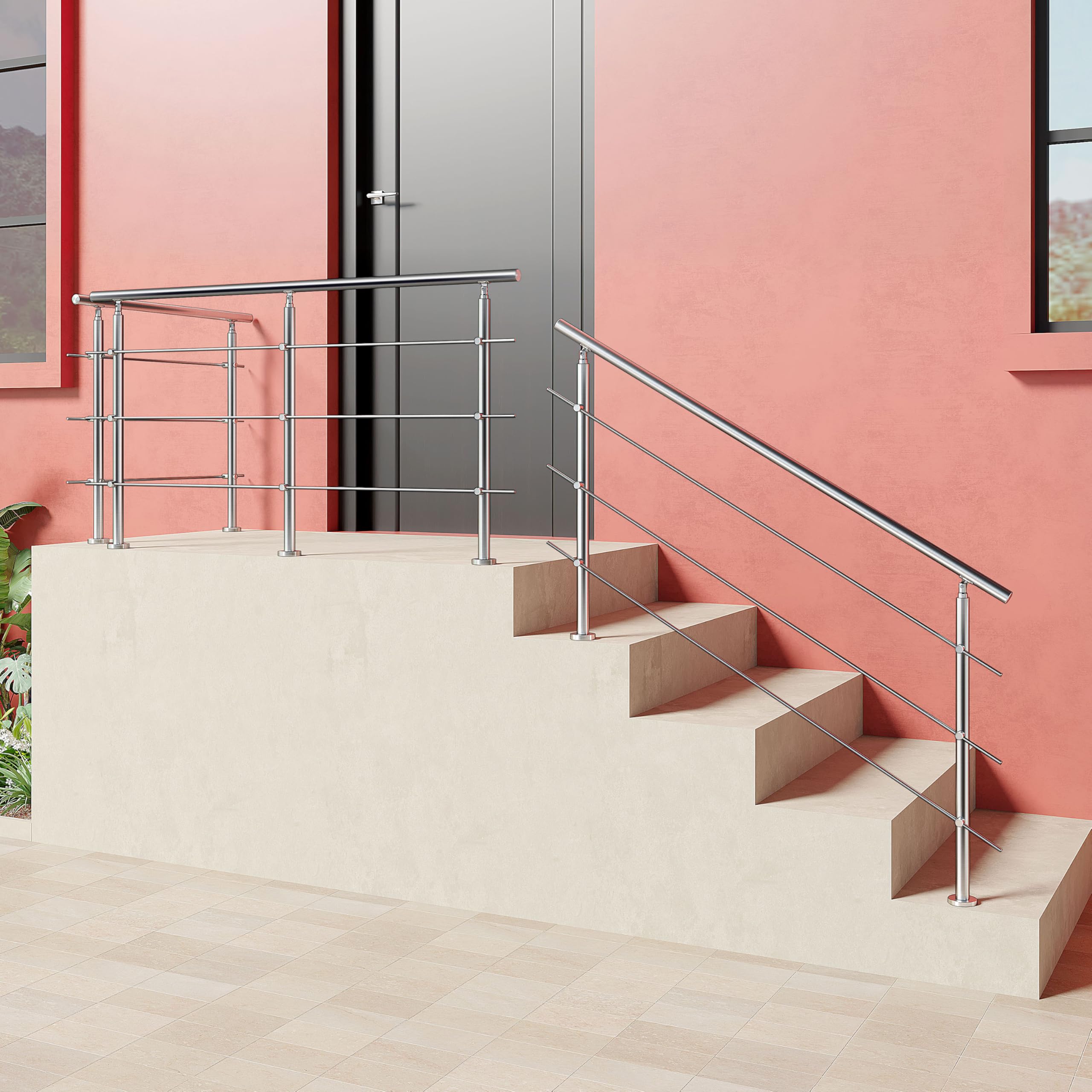 AICA Barandilla de escalera de acero inoxidable - pasamanos de escalera para interior y exterior escaleras, parapeto, balcón (200 cm 3 barras transversales ）