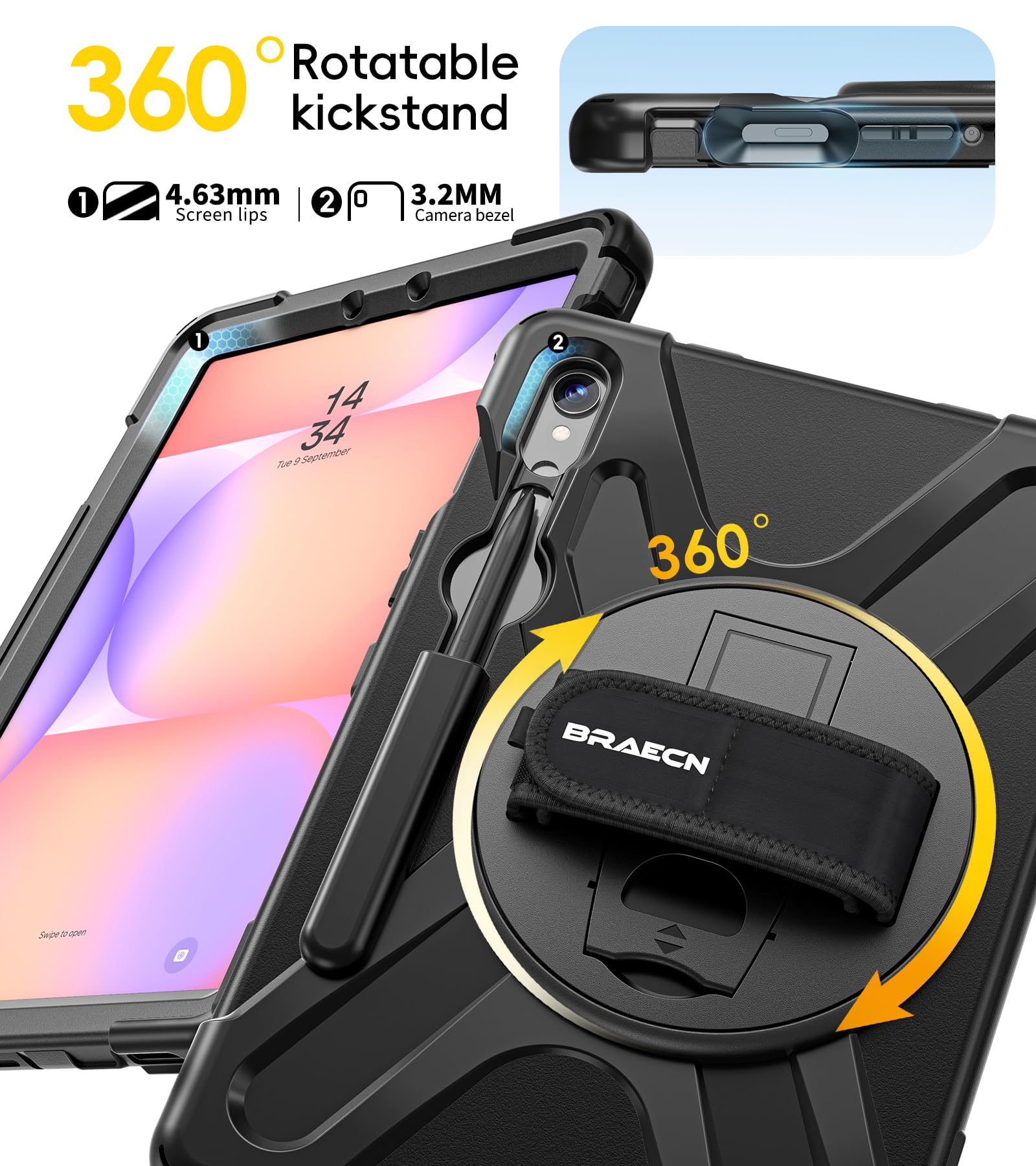 BRAECN Custodia per Galaxy Tab S9/S8/S7 da 11 pollici 2023/2022/2020, custodia protettiva in silicone resistente agli urti con cavalletto, tracolla, porta penna S per Galaxy Tab S8 SM-X710/X716-nero
