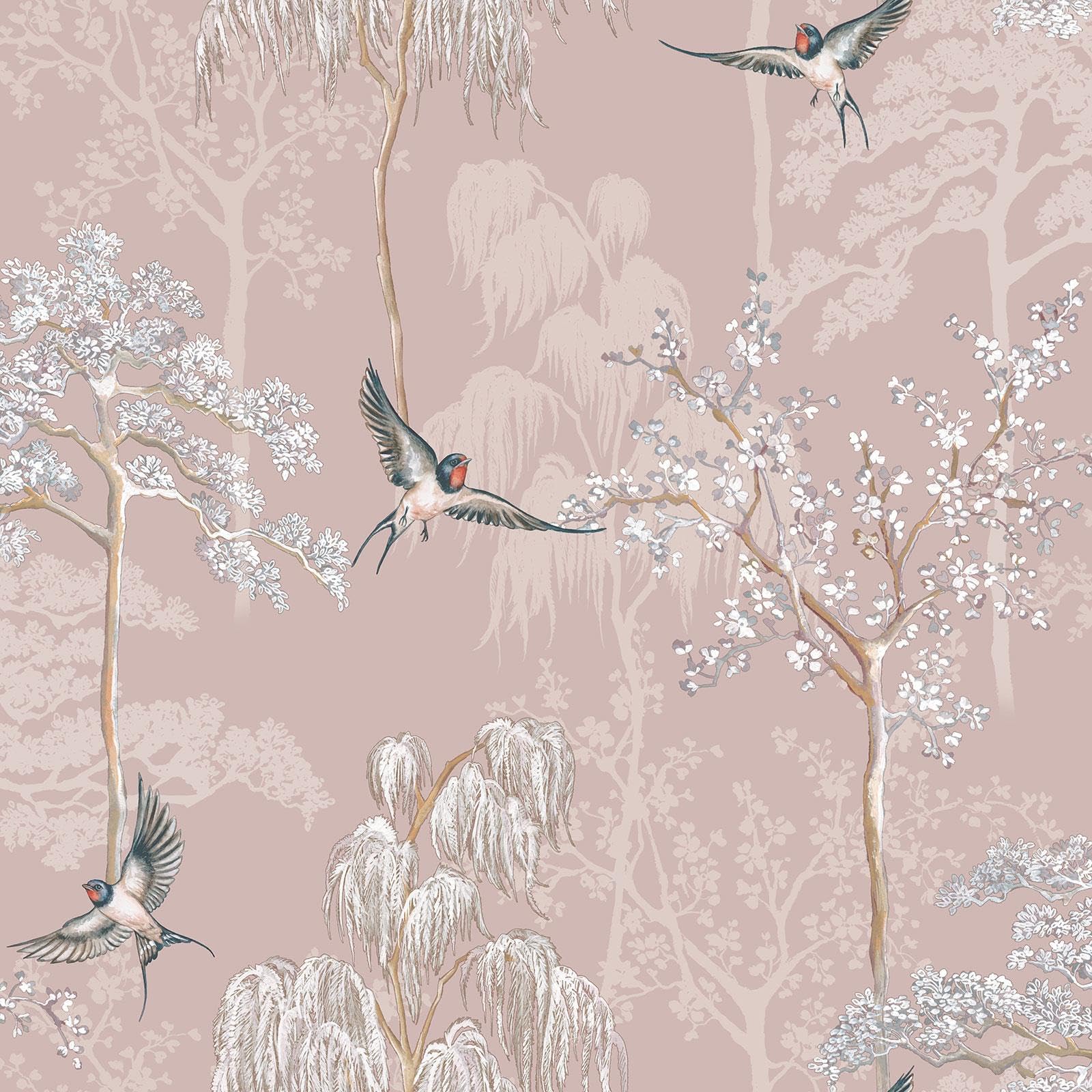 World Of Wallpaper Pink Japanese Garden Inspired Oriental Asian Themed Wallpaper For Living Room And Bedroom Cherry Blossom Trees And Oriental Birds Wallpaper Blush E100335ah