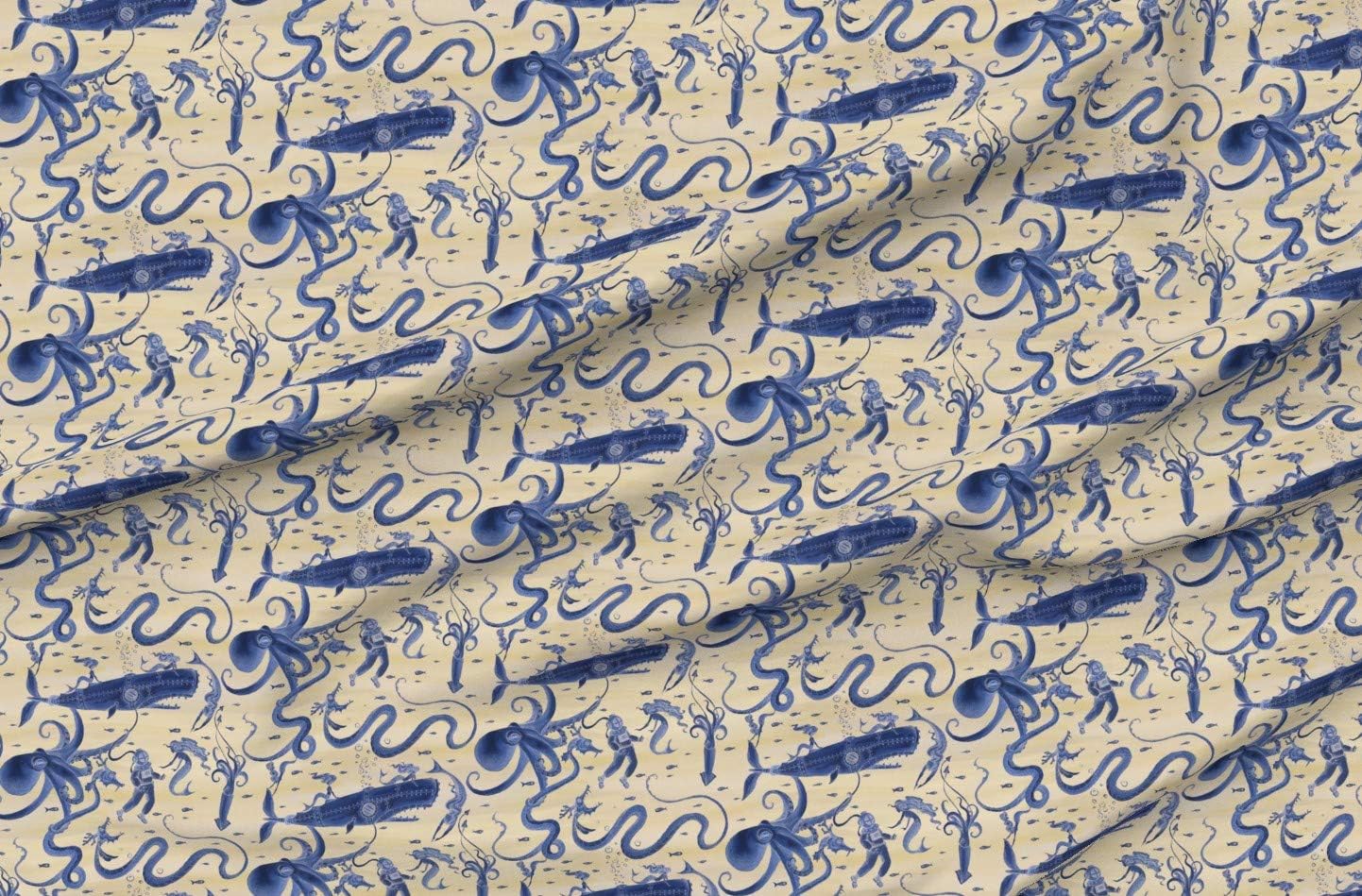 Spoonflower Fabric - Deep Steampunk Sea Watercolor Octopus Squid Mermaid Whimsical Printed on Organic Cotton Sateen Fabric by The Yard - Sewing Quilting Apparel Home Decor