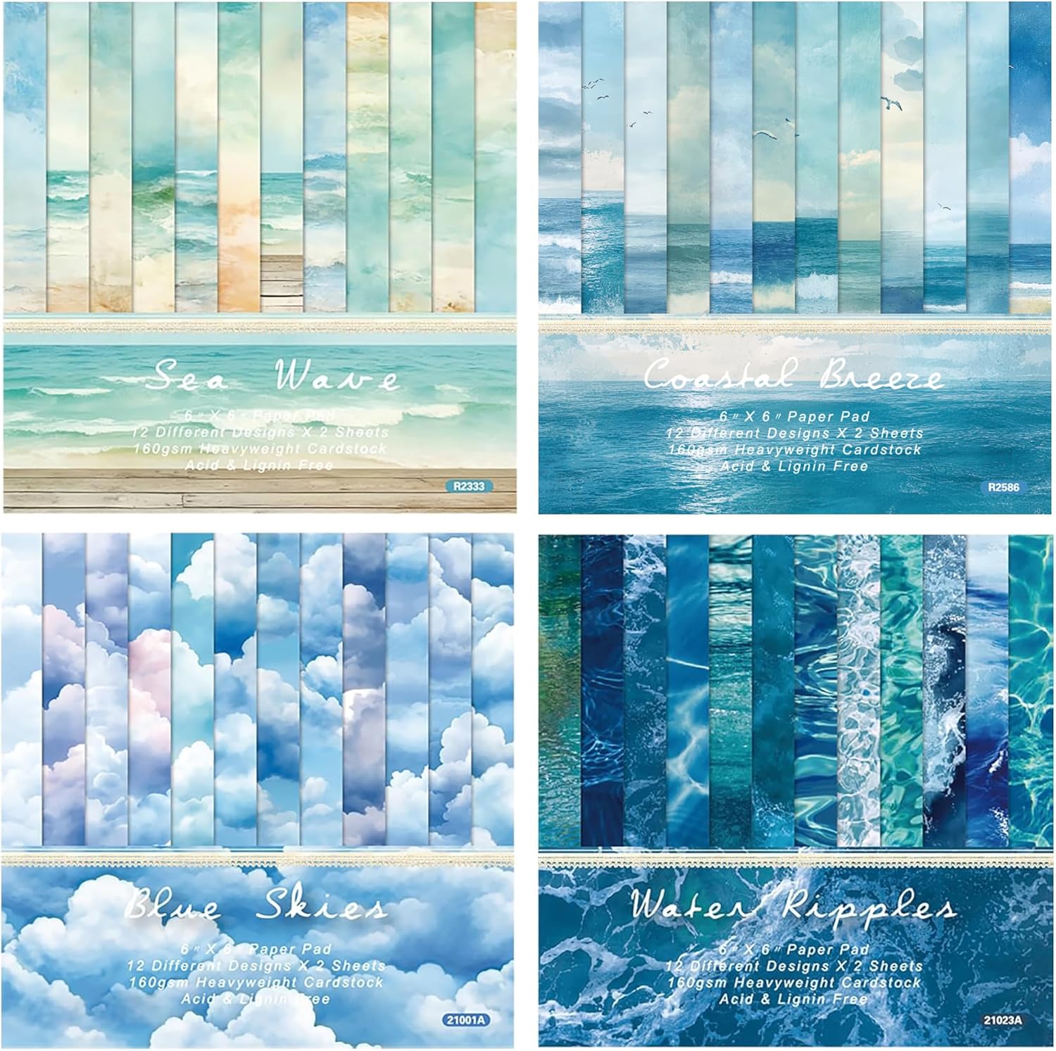 96 Sheets 6" x 6" Sea Wave Sky Scrapbook Paper Blue Themed Single-Sided Cardstock for Scrapbooking Journal (Set of 4)