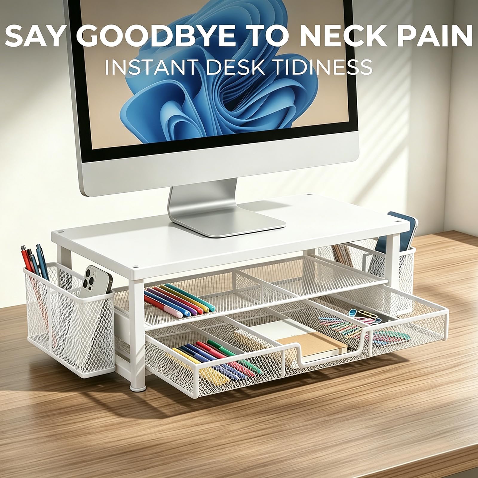 FARYODI Supporto da scrivania per monitor con 2 portapenne, cassetto, organizer da scrivania, supporto ergonomico da tavolo per monitor e computer portatile (bianco)