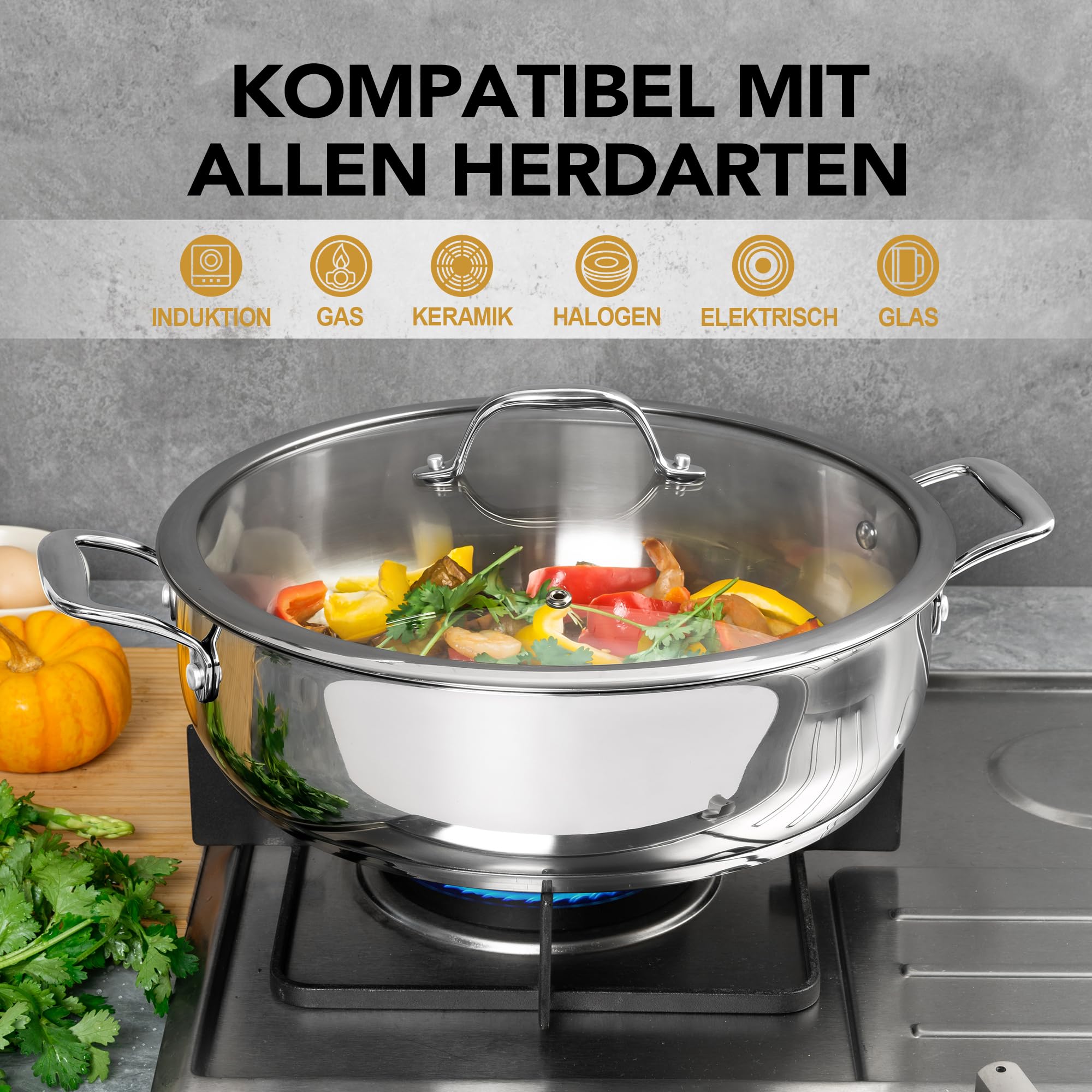 MICHELANGELO XL Schmorpfanne 30 cm mit Glasdeckel (5,7 Liter) - Unbeschichtete Edelstahl Bratpfanne PFAS-frei, Hohe Pfanne für Induktion & Backofen