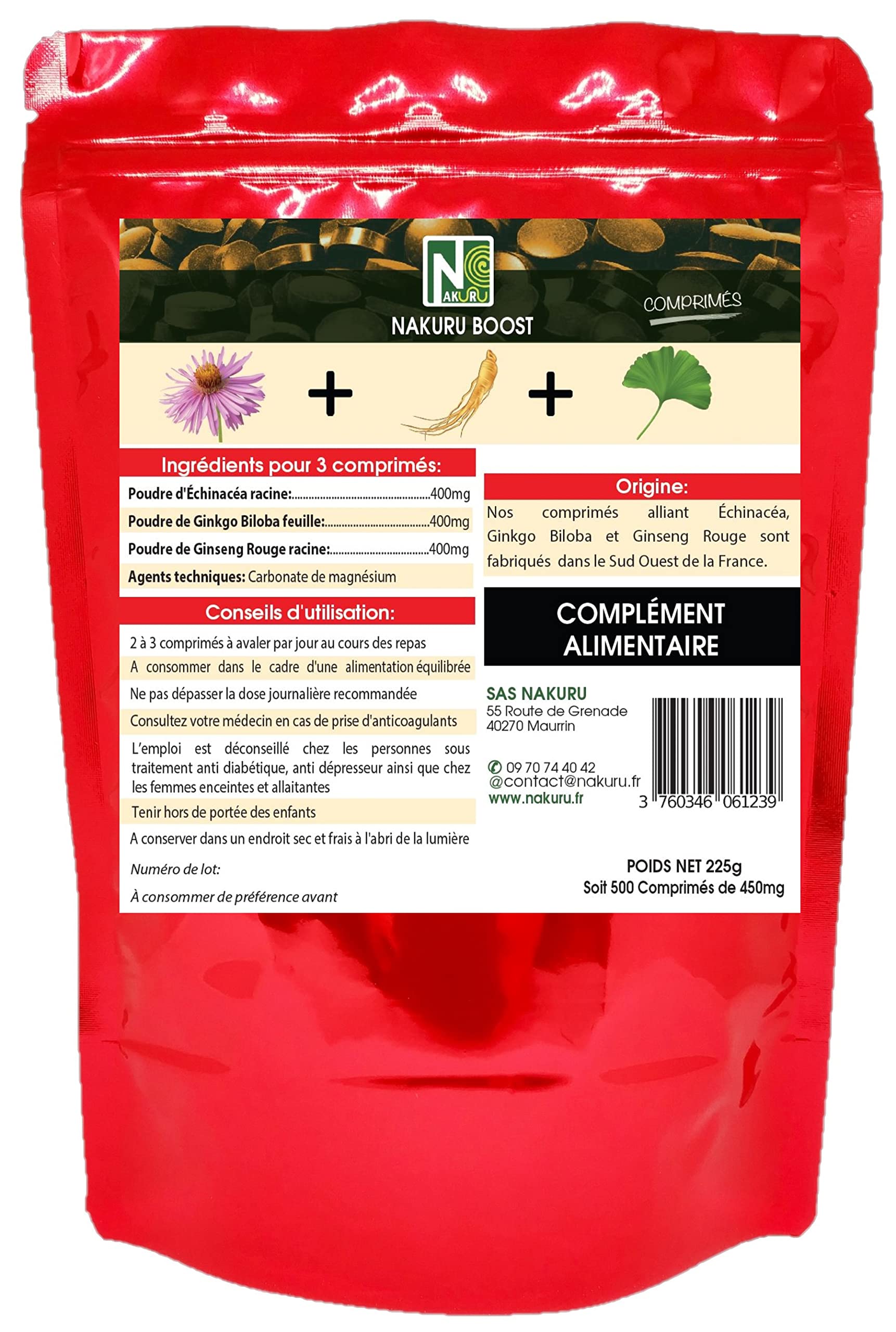 NAKURU | Énergie = Échinacéa + Ginseng Rouge + Ginkgo Biloba/Gamme Boost/Fabriqué en France (500 Comprimés de 450mg / Poids Net: 225g)