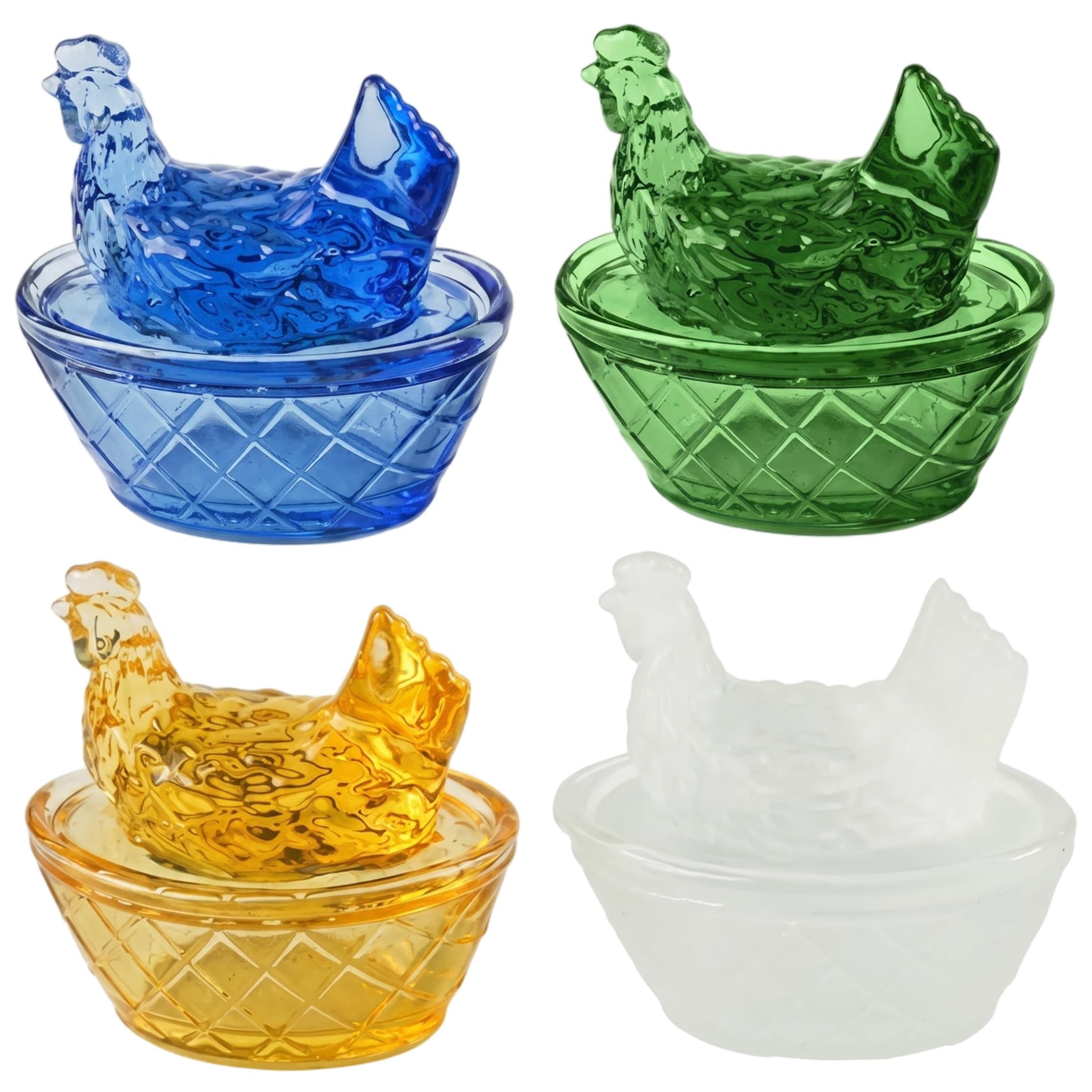 4Pcs Glass Hen on Nest, Mini Handcrafted Crystal Hen on Nest Glass Dish for Easter Christmas Farm Prensents