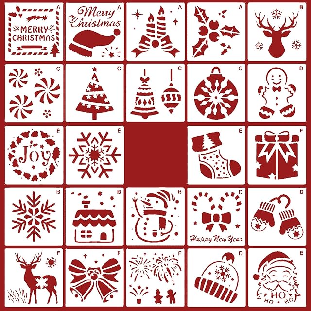 ULTECHNOVO Christmas Stencils for Painting on Wood - 24Pcs Inches Reusable Christmas Stencils Craft Drawing Painting Spraying Template for Greeting Cards or Ornaments Wall DIY Projects Decoration